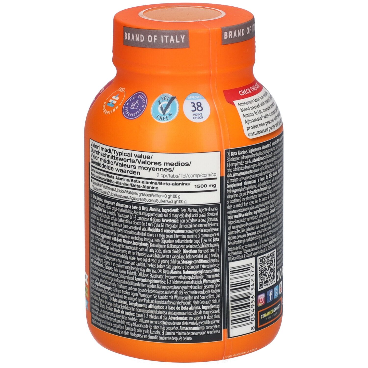 Rückseite einer orangefarbenen Flasche NAMEDSPORT Beta Alanin. Enthält Text und Logos.