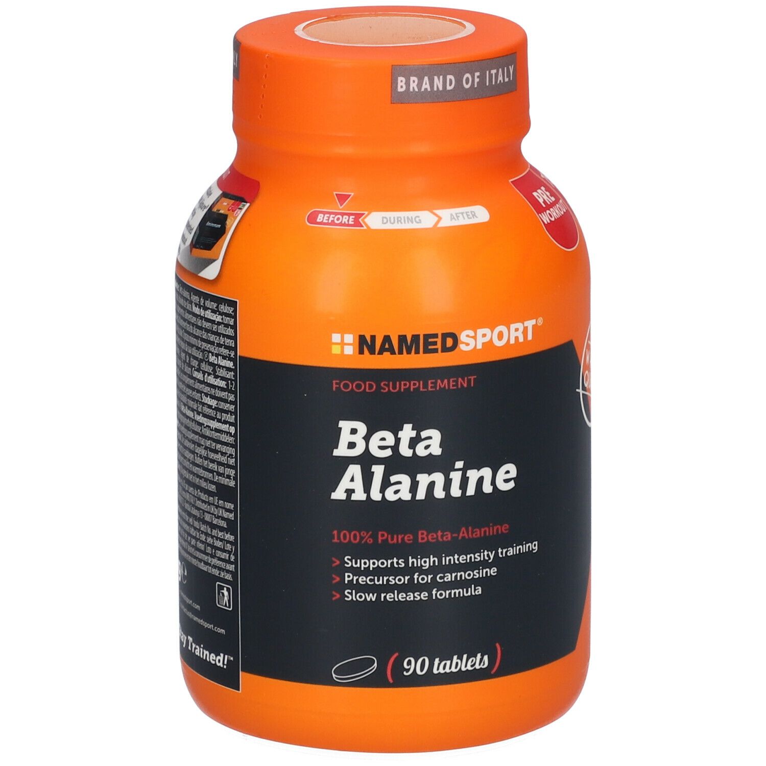 Orangefarbene Flasche NAMEDSPORT Beta Alanin. Enthält 90 Tabletten. Aufschrift: 100% reines Beta-Alanin.