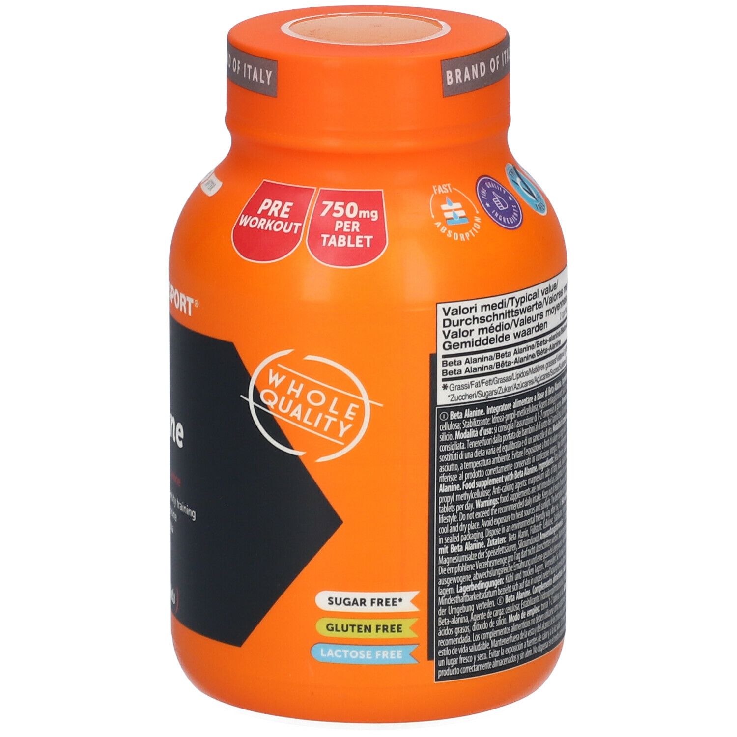 Rückseite einer orangefarbenen Flasche NAMEDSPORT Beta Alanin. Enthält Text, Logos und Zertifizierungen.