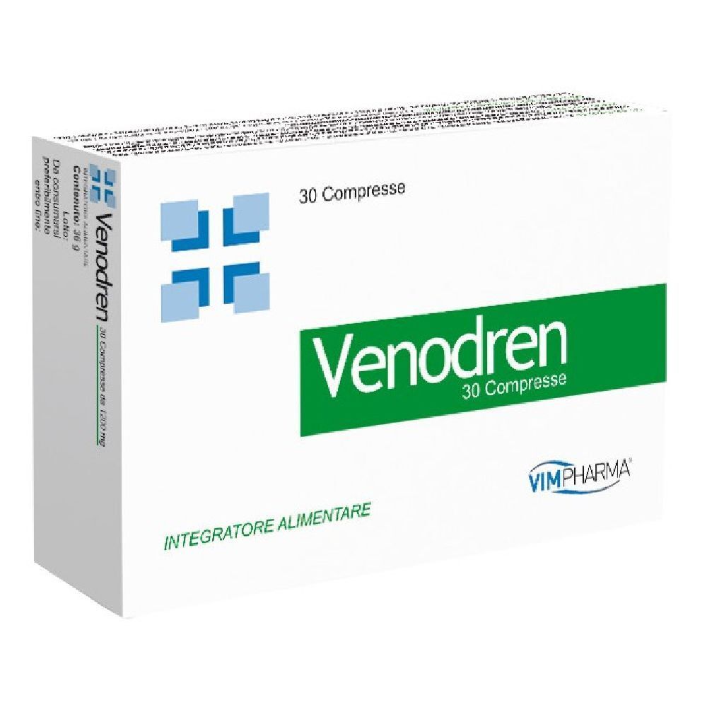 Scatola bianca con fascia verde e scritta "Venodren 30 Compresse". Logo con quadrati blu. Logo VIMPHARMA.