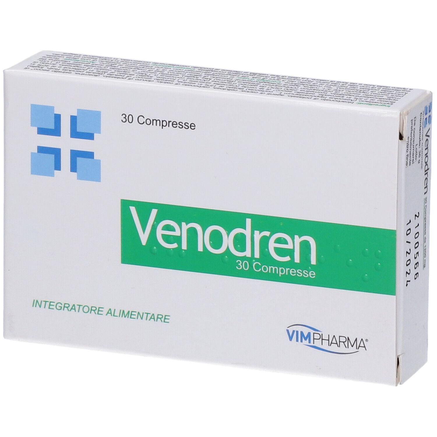 Scatola bianca con fascia verde e scritta "Venodren 30 Compresse". Logo con quadrati blu. Logo VIMPHARMA. Data di scadenza.