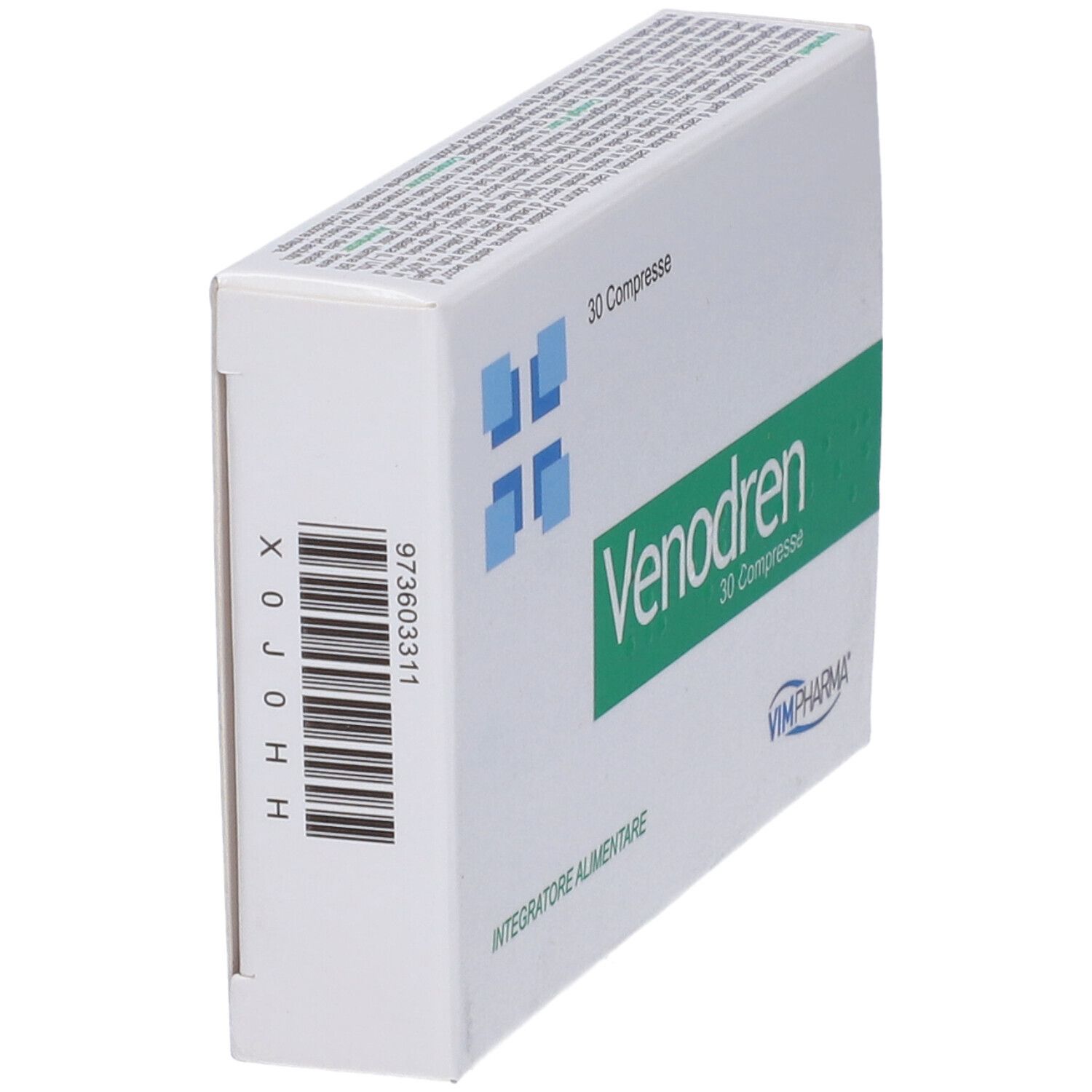 Scatola bianca con fascia verde e scritta "Venodren 30 Compresse". Logo con quadrati blu. Logo VIMPHARMA. Codice a barre.