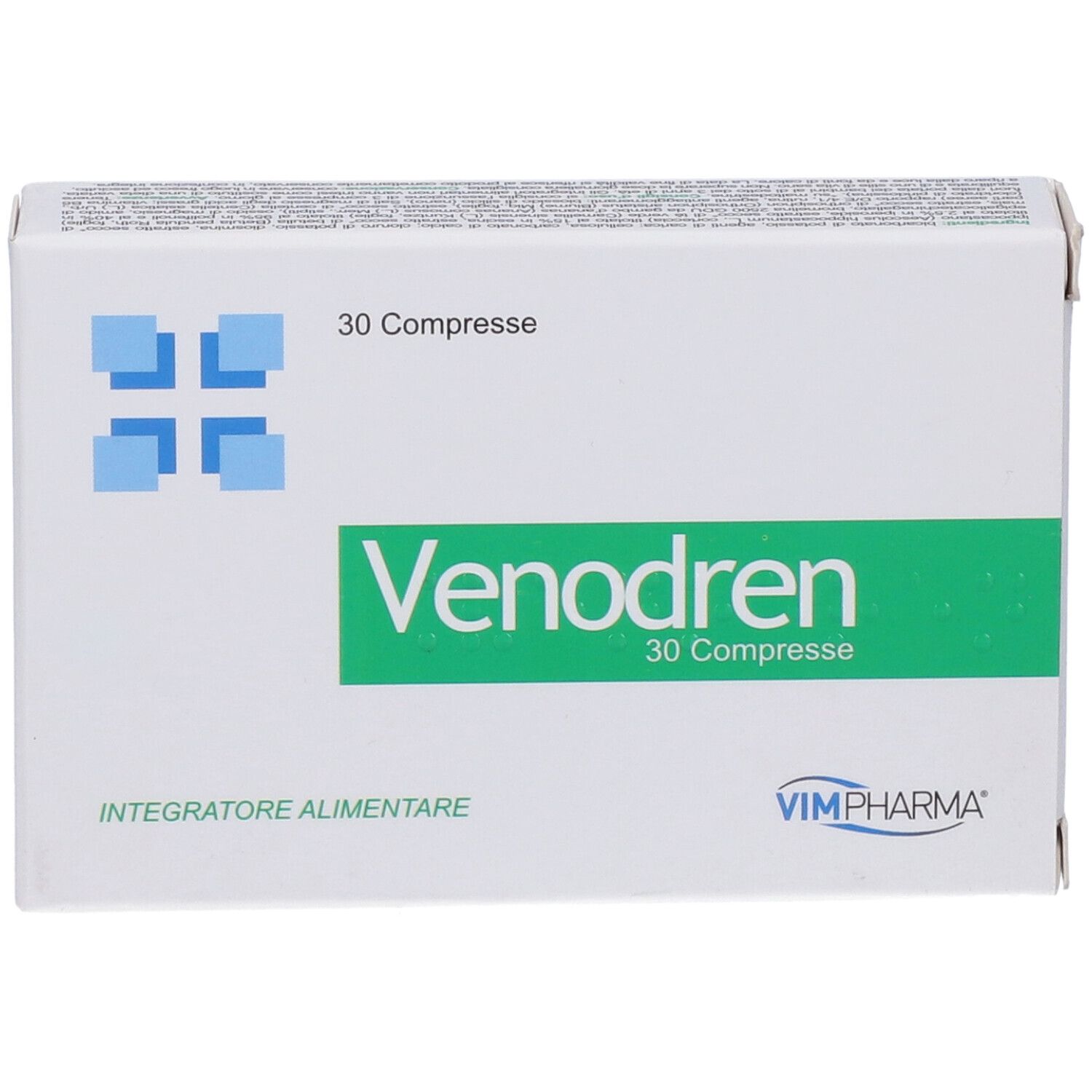 Scatola bianca con fascia verde e scritta "Venodren 30 Compresse". Logo con quadrati blu. Logo VIMPHARMA.