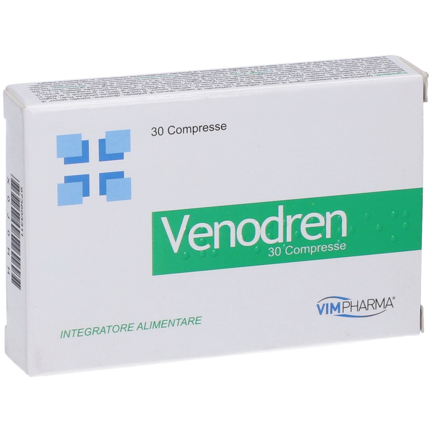 Scatola bianca con fascia verde e scritta "Venodren 30 Compresse". Logo con quadrati blu. Logo VIMPHARMA.