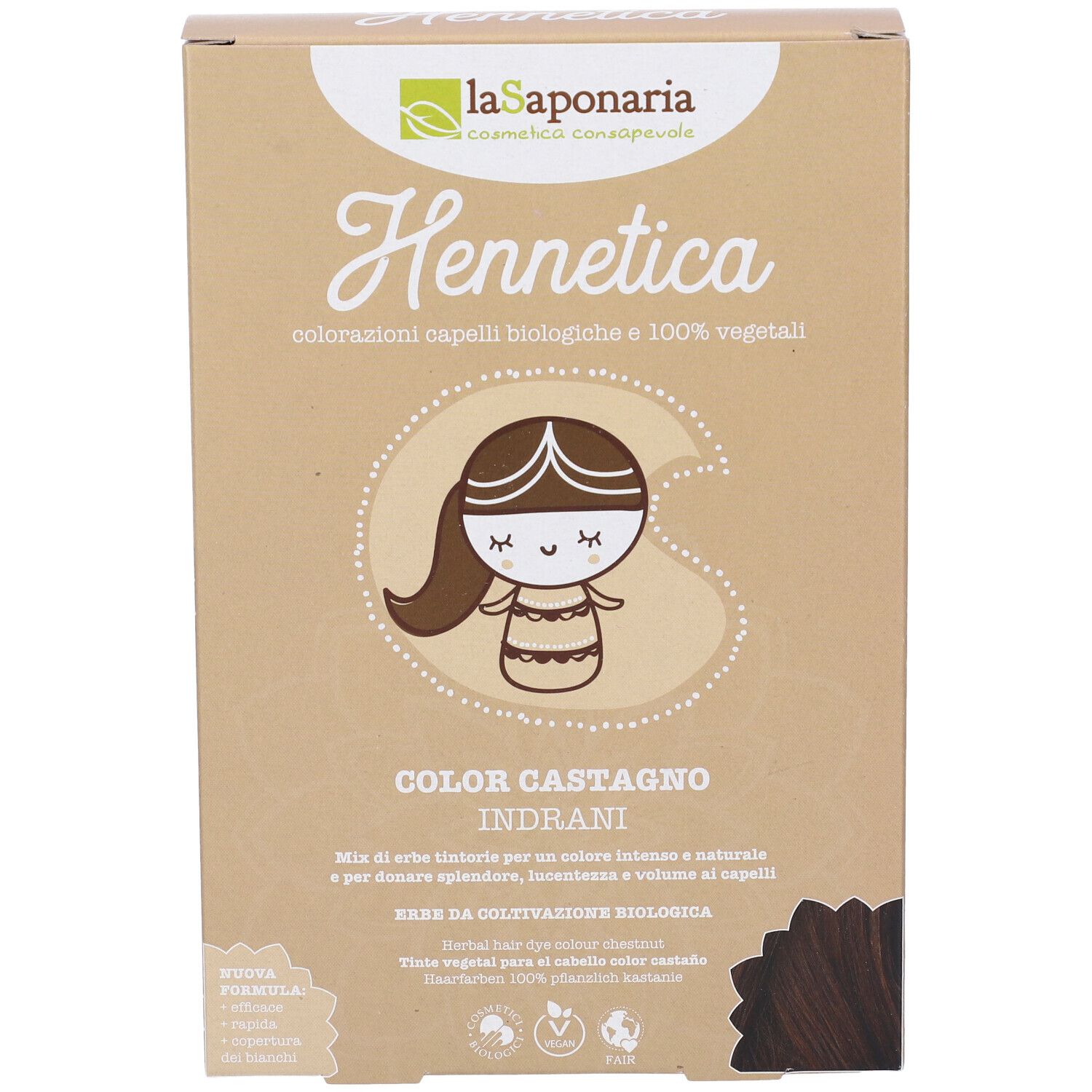 Scatola di tinta per capelli Hennetica. Scritto: Color Castagno Indrani. Logo La Saponaria. Illustrazione donna castana.