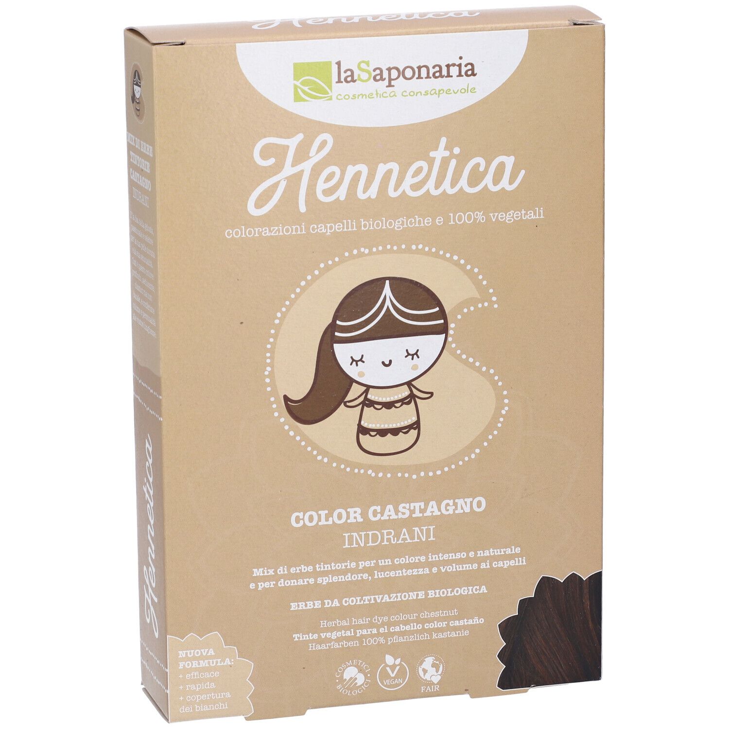 Scatola di tinta per capelli Hennetica. Scritto: Color Castagno Indrani. Logo La Saponaria. Illustrazione donna castana.