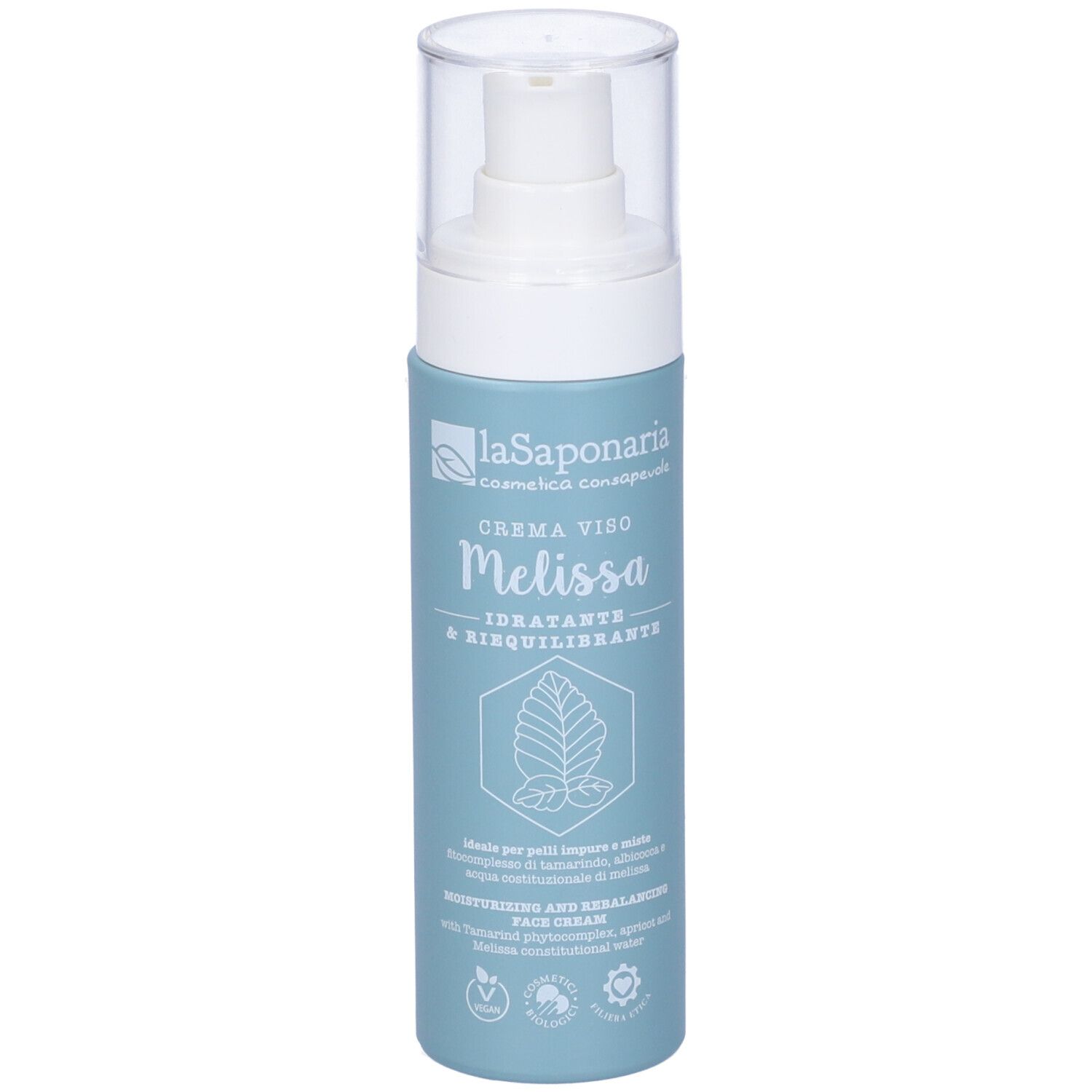 Flacone azzurro chiaro con erogatore bianco. Scritta: La Saponaria Crema viso Melissa. Con illustrazione di pianta e testo.