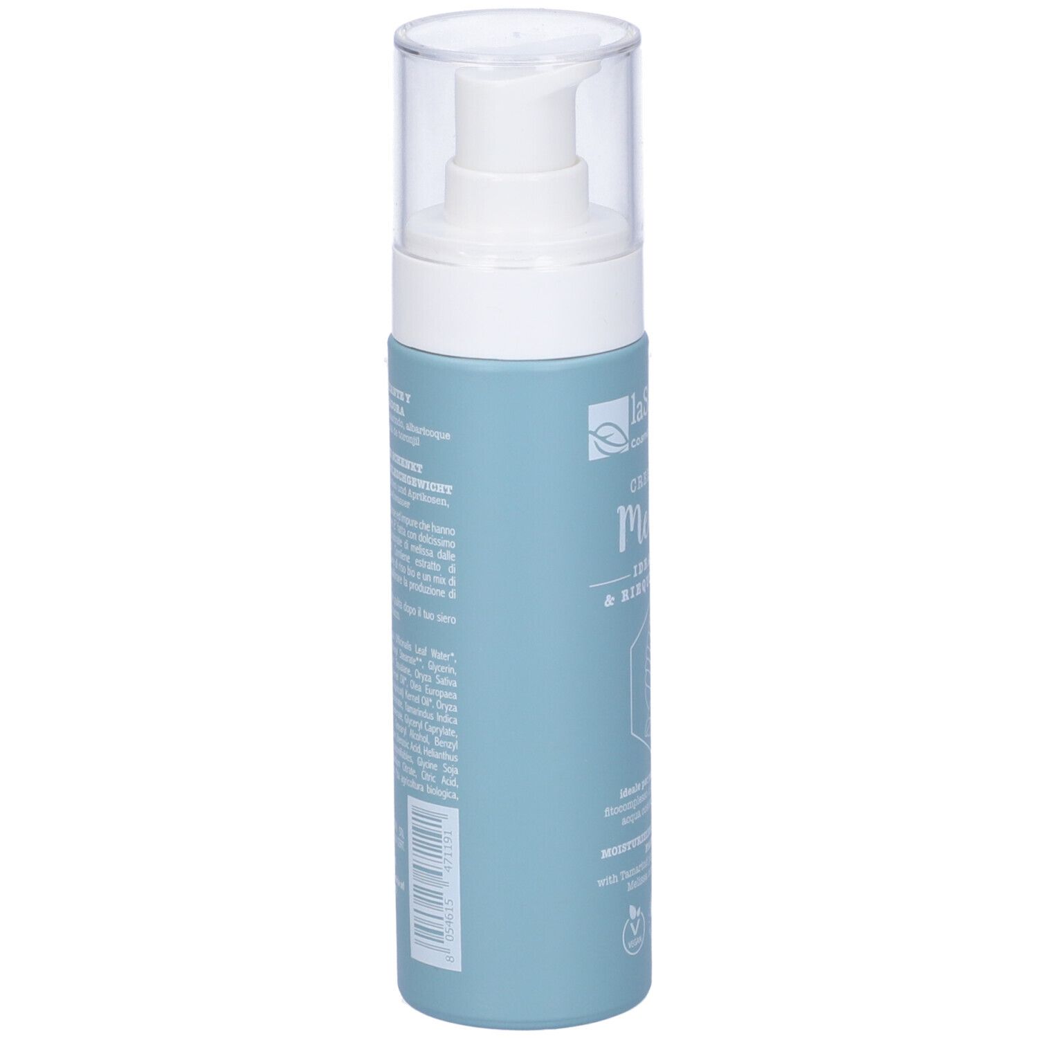 Flacone azzurro chiaro con erogatore bianco. Retro con testo e codice a barre. Scritta: La Saponaria.