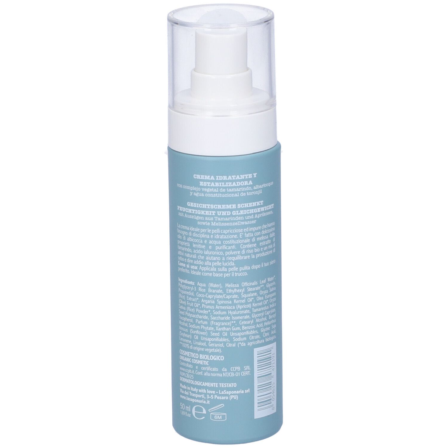 Flacone azzurro chiaro con erogatore bianco. Retro con testo. Scritta: Crema idratante y stabilizzadora.