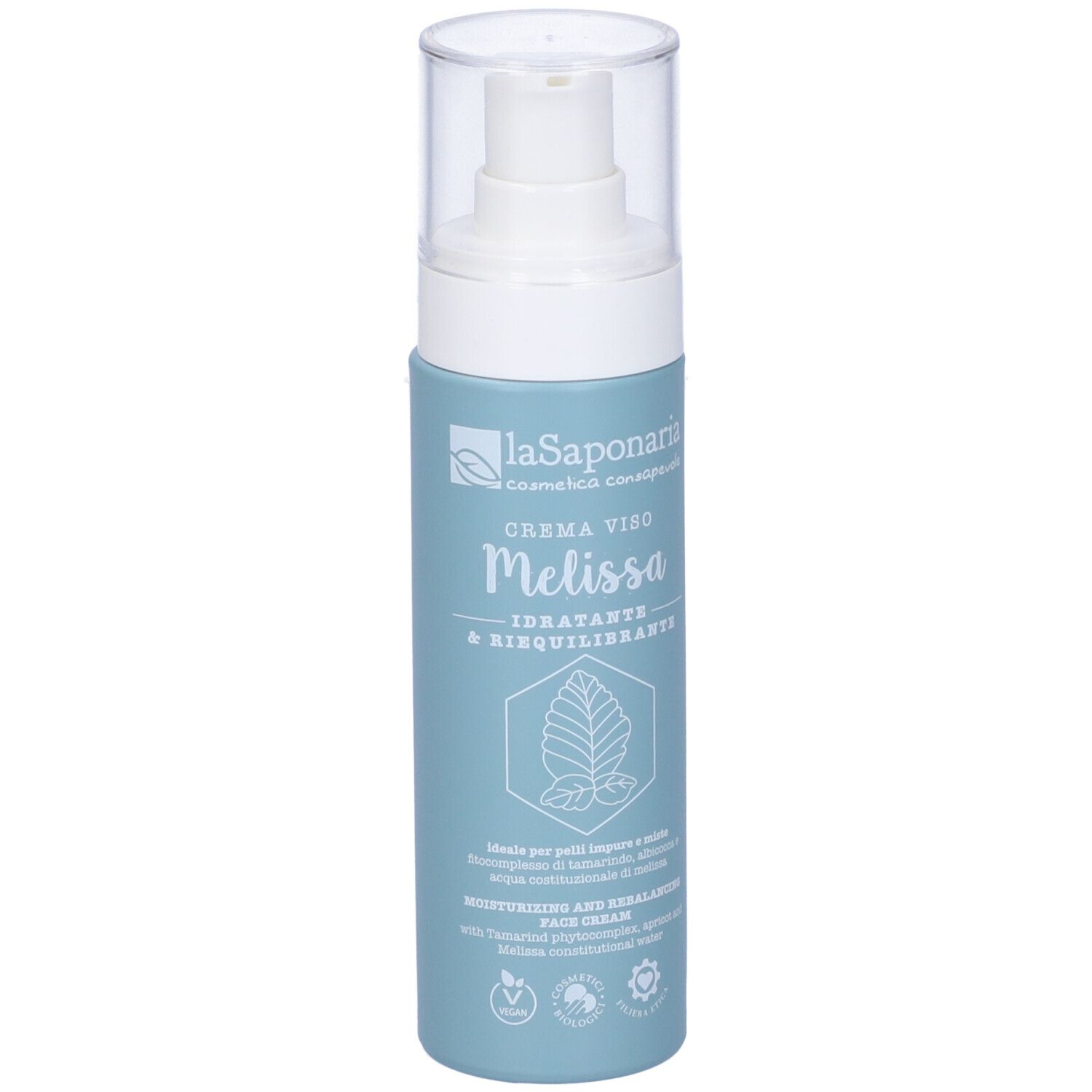 Flacone azzurro chiaro con erogatore bianco. Scritta: La Saponaria Crema viso Melissa. Con illustrazione di pianta e testo.