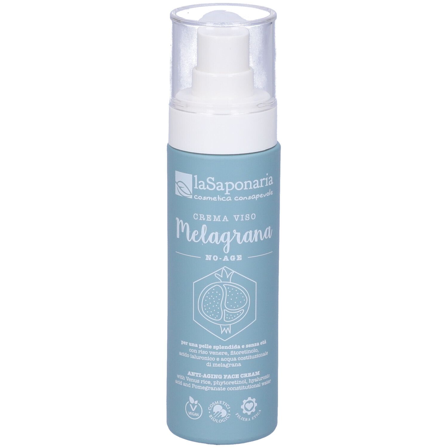 Flacone blu e bianco con vaporizzatore. Scritta: La Saponaria Crema Viso Melagrana No-Age. Illustrazione di melograno.