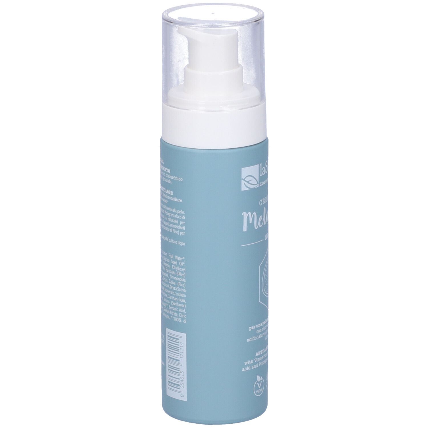 Flacone blu con vaporizzatore. Scritta: La Saponaria. Testo e codice a barre sul lato. Tappo trasparente.
