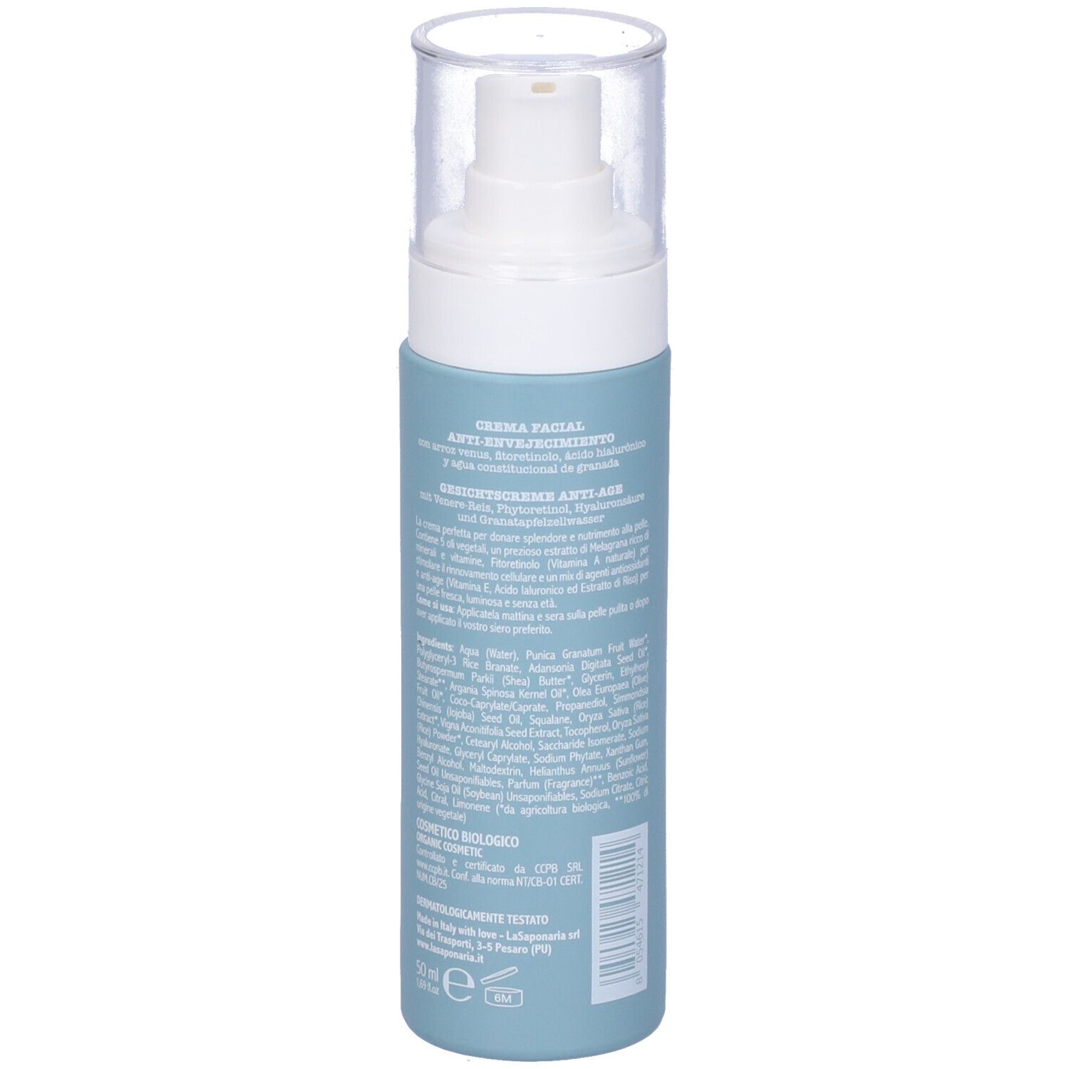 Flacone blu con vaporizzatore. Retro con testo. Tappo trasparente. Scritta: Crema Viso Anti-Age. Ingredienti.