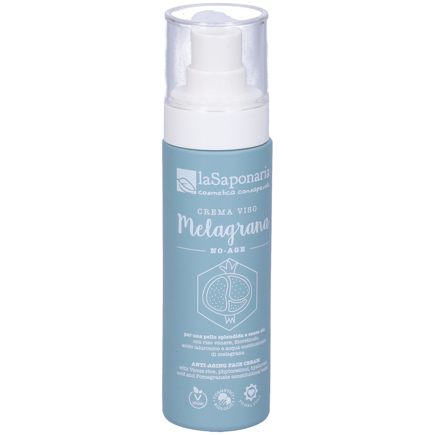 Flacone blu con vaporizzatore. Scritta: La Saponaria Crema Viso Melagrana No-Age. Illustrazione di melograno. Tappo trasparente.