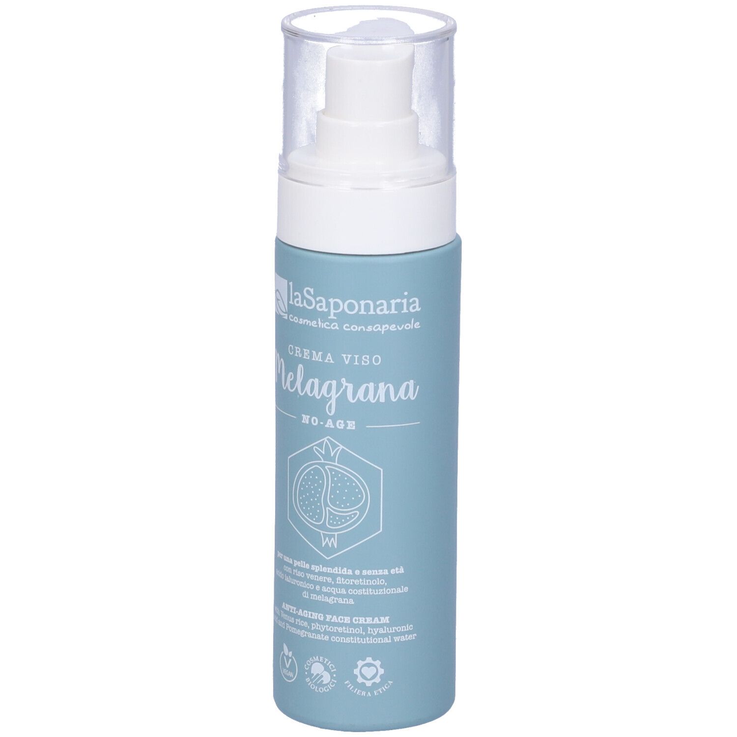 Flacone blu con vaporizzatore. Scritta: La Saponaria Crema Viso Melagrana No-Age. Illustrazione di melograno. Tappo trasparente.