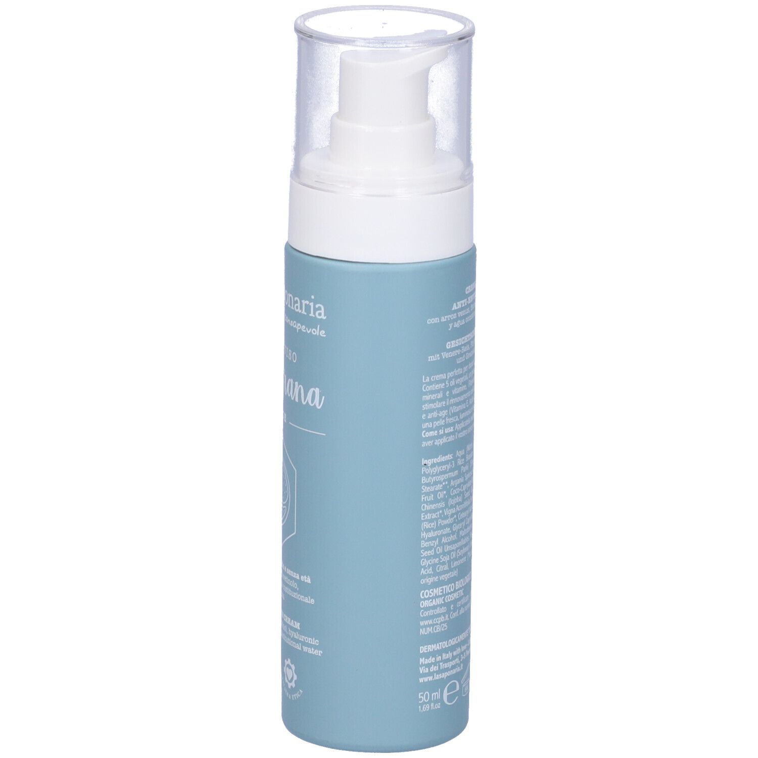 Flacone blu con vaporizzatore. Scritta: La Saponaria Crema Viso Melagrana. Testo sul lato. Tappo trasparente.