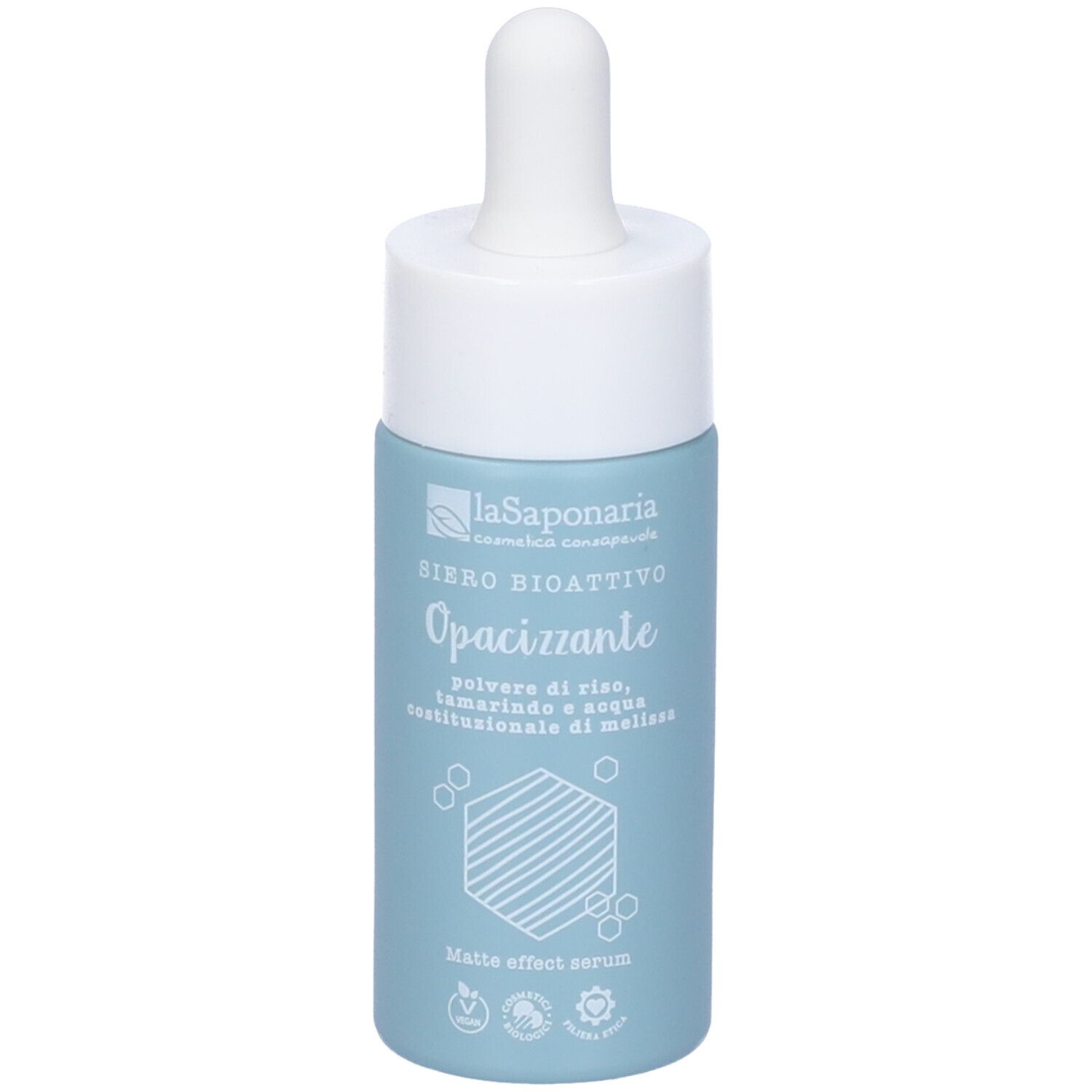Flacone di siero azzurro chiaro con tappo e pipetta bianchi. Scritta: La Saponaria, Siero Bioattivo Opacizzante, Matte effect serum.