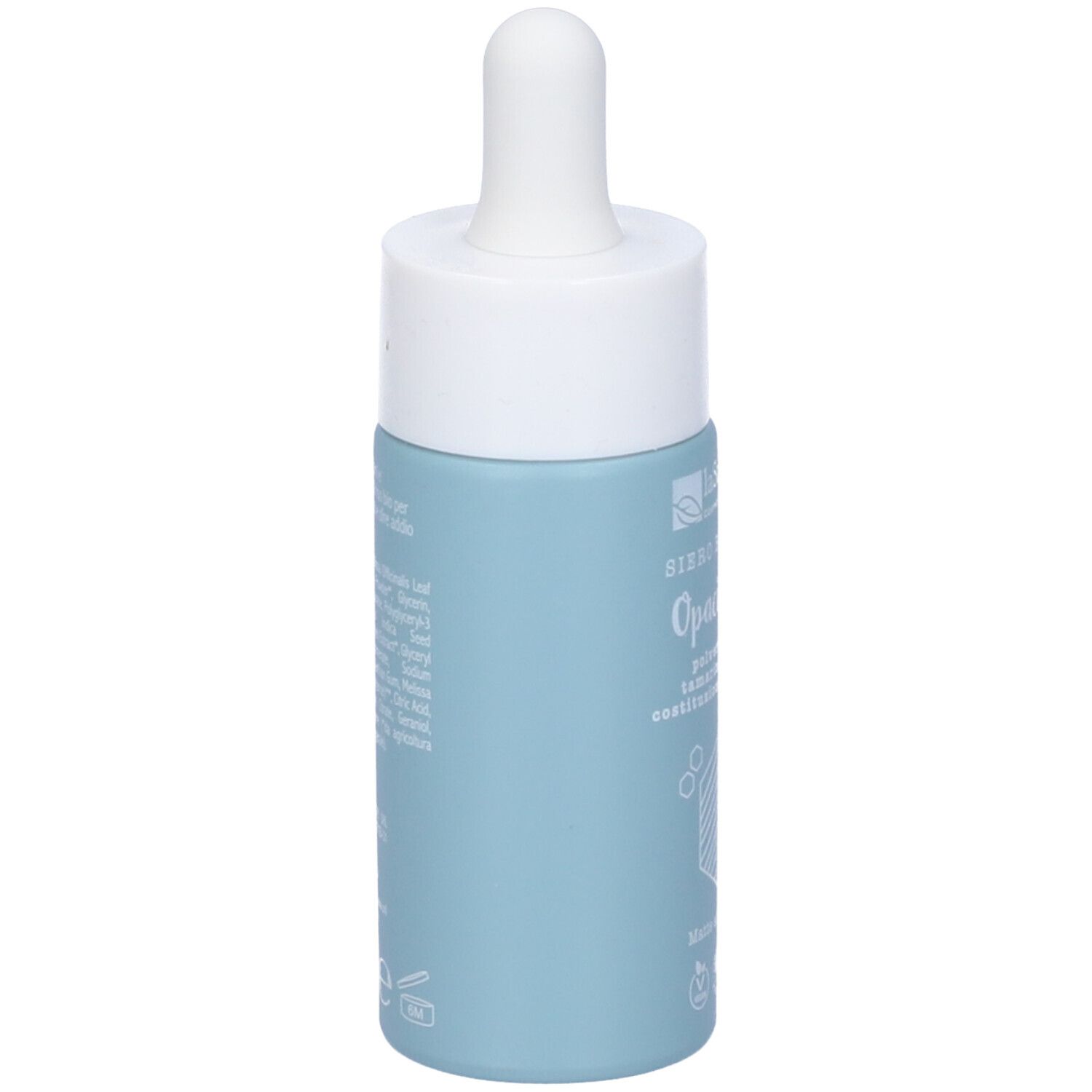 Retro del flacone di siero azzurro chiaro. Testo: ingredienti, 15 ml, certificazioni. Con pipetta e tappo bianco.