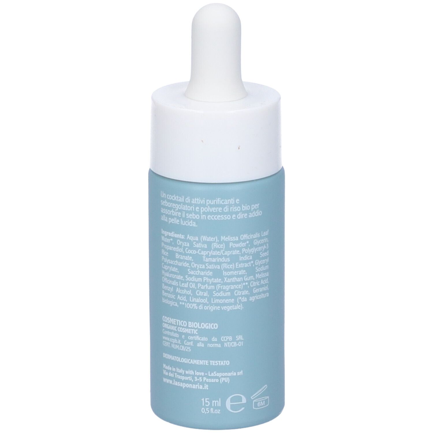 Retro del flacone di siero azzurro chiaro. Testo: ingredienti, 15 ml, certificazioni. Con pipetta e tappo bianco.