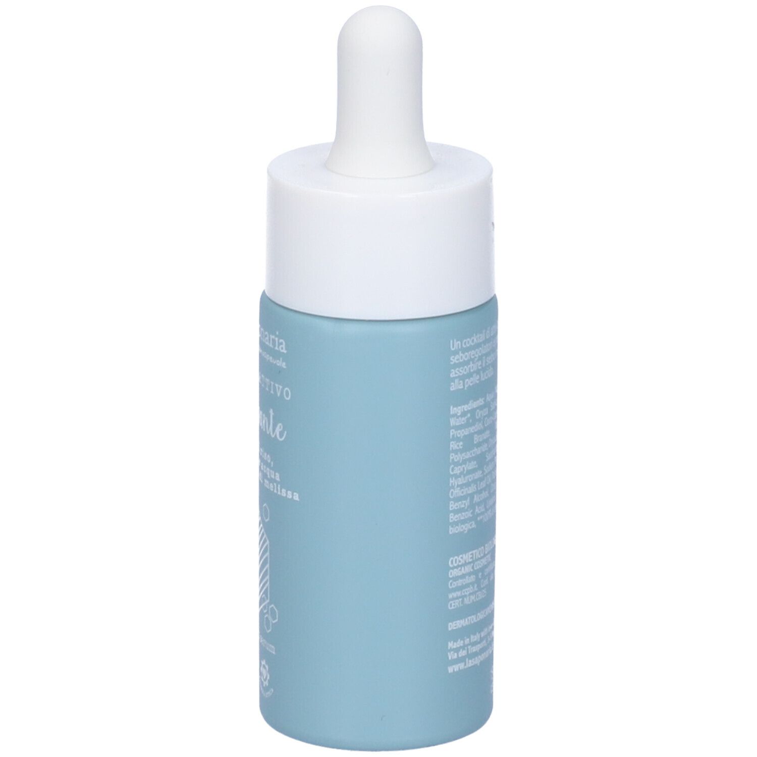 Flacone di siero azzurro chiaro con tappo e pipetta bianchi. Scritta: La Saponaria, Siero Bioattivo Opacizzante, Matte effect serum.
