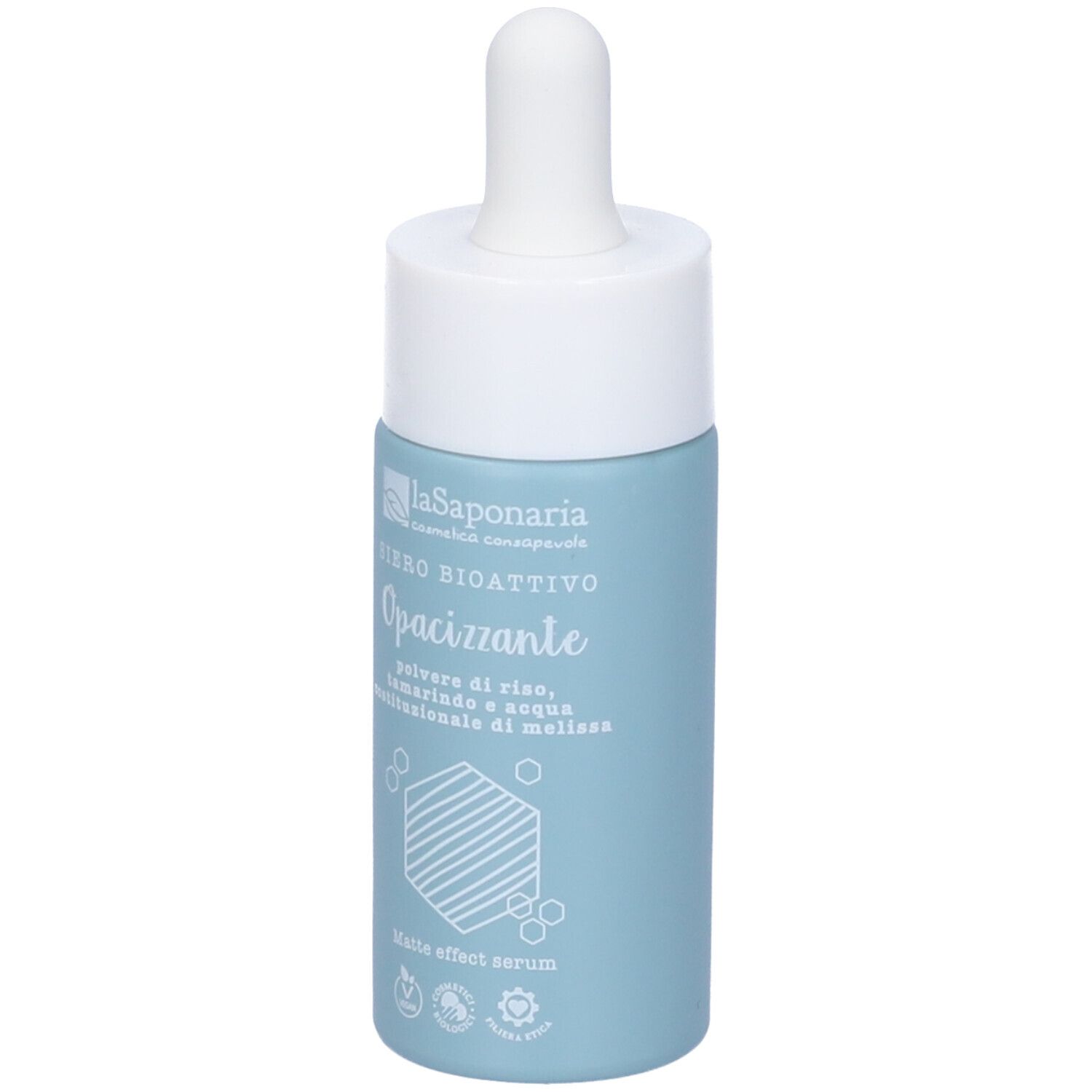 Flacone di siero azzurro chiaro con tappo e pipetta bianchi. Scritta: La Saponaria, Siero Bioattivo Opacizzante, Matte effect serum.