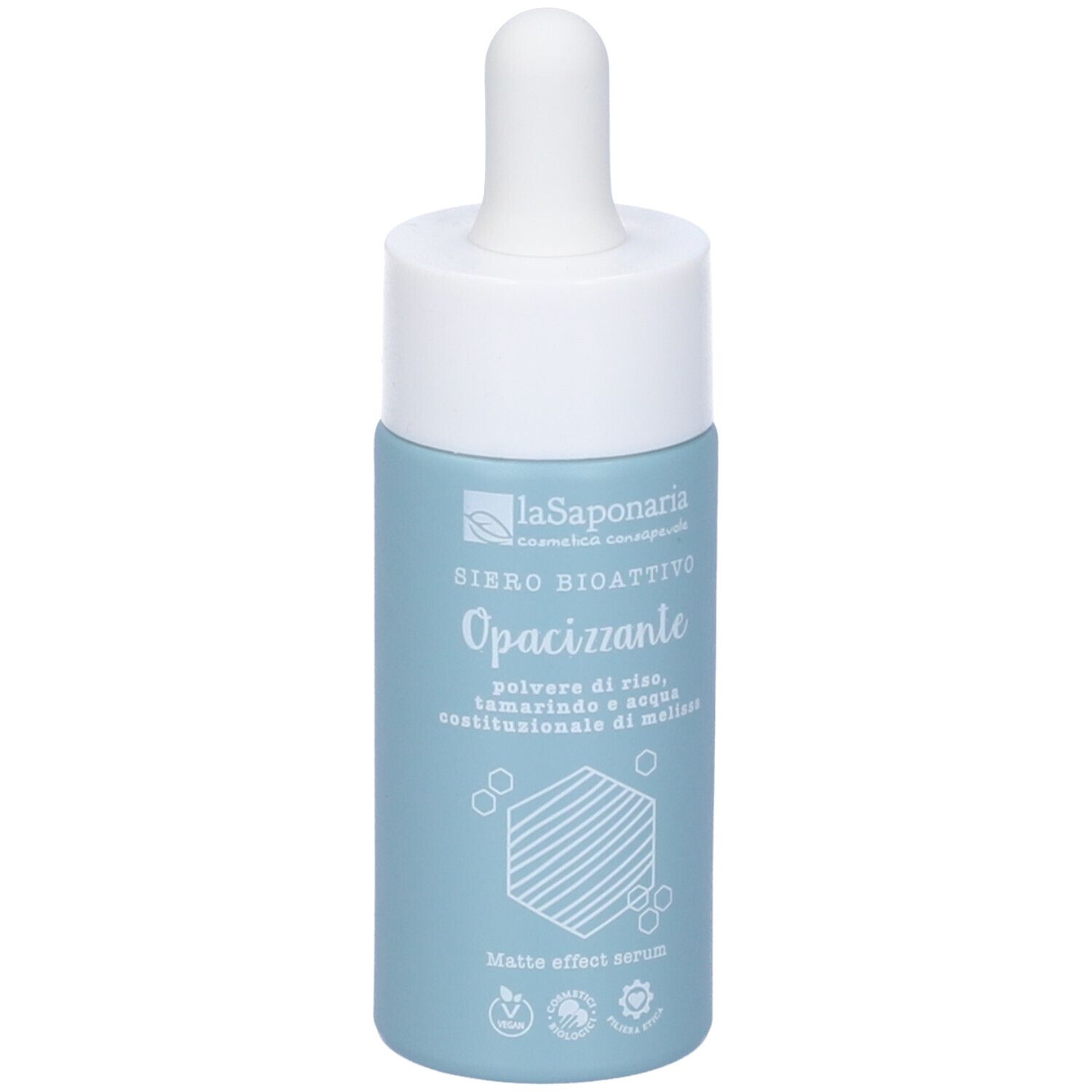 Flacone di siero azzurro chiaro con tappo e pipetta bianchi. Scritta: La Saponaria, Siero Bioattivo Opacizzante, Matte effect serum.