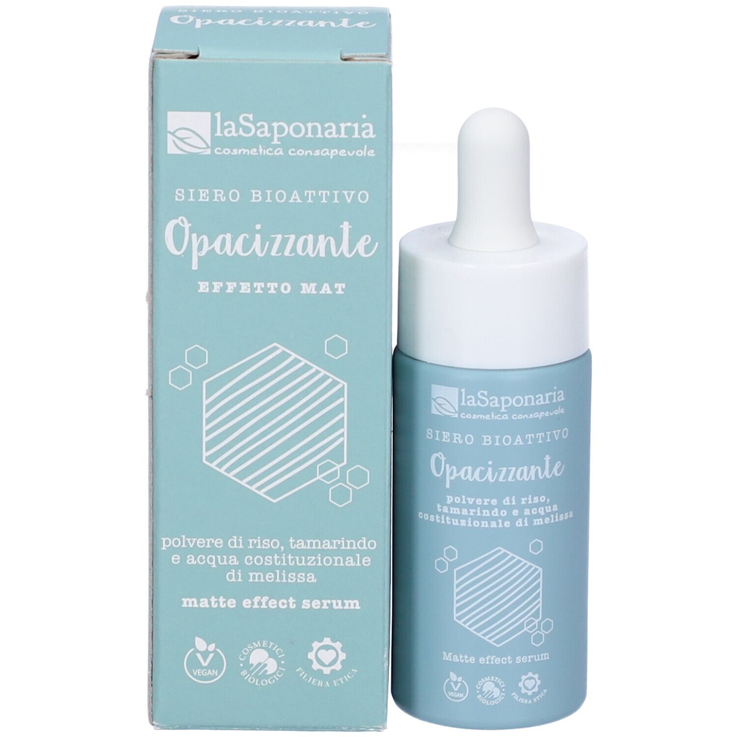 Confezione del prodotto e flacone di siero. Scritta: La Saponaria, Siero Bioattivo Opacizzante, Matte effect serum. Con pipetta.