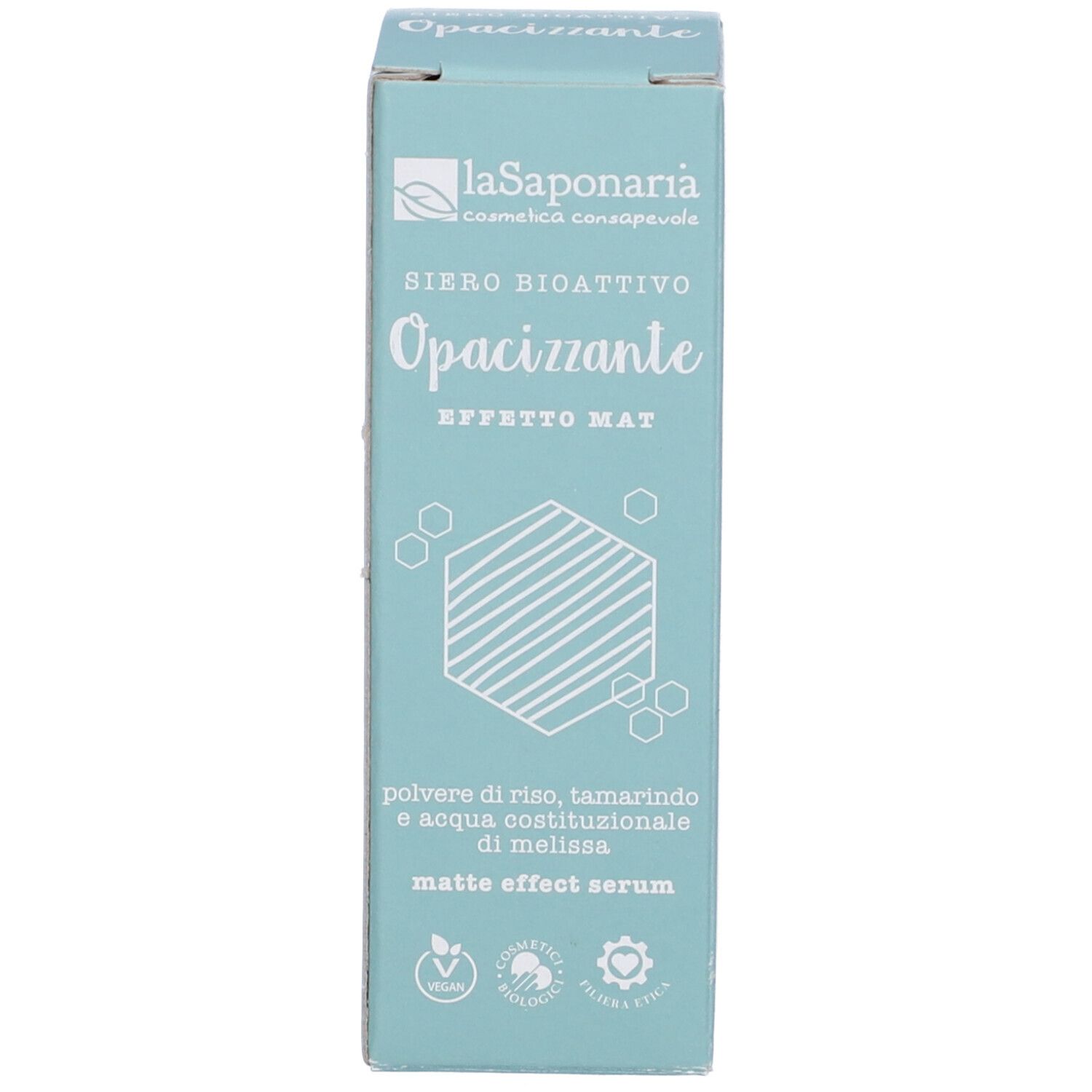 Confezione del prodotto. Scritta: La Saponaria, Siero Bioattivo Opacizzante, Effetto Mat, Matte effect serum. Con logo.