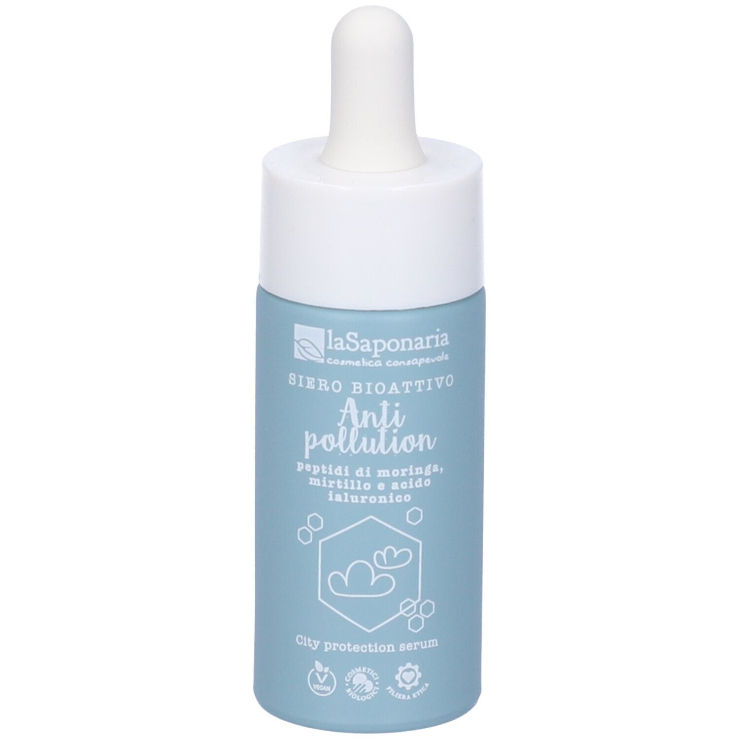 Flacone di siero azzurro chiaro con tappo e pipetta bianchi. Scritta: Siero Bioattivo Anti pollution.
