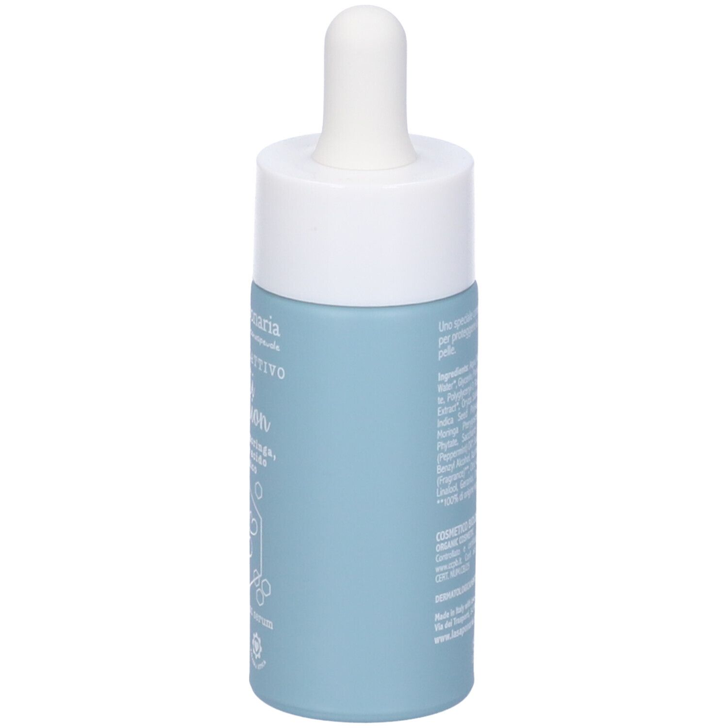 Retro di un flacone di siero azzurro chiaro con scritte bianche. Contiene ingredienti e certificazioni.