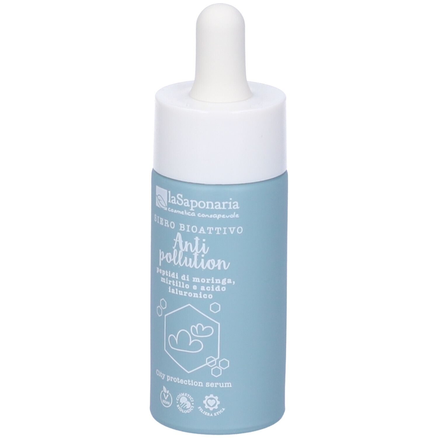 Flacone di siero azzurro chiaro con tappo e pipetta bianchi. Scritta: Siero Bioattivo Anti pollution.