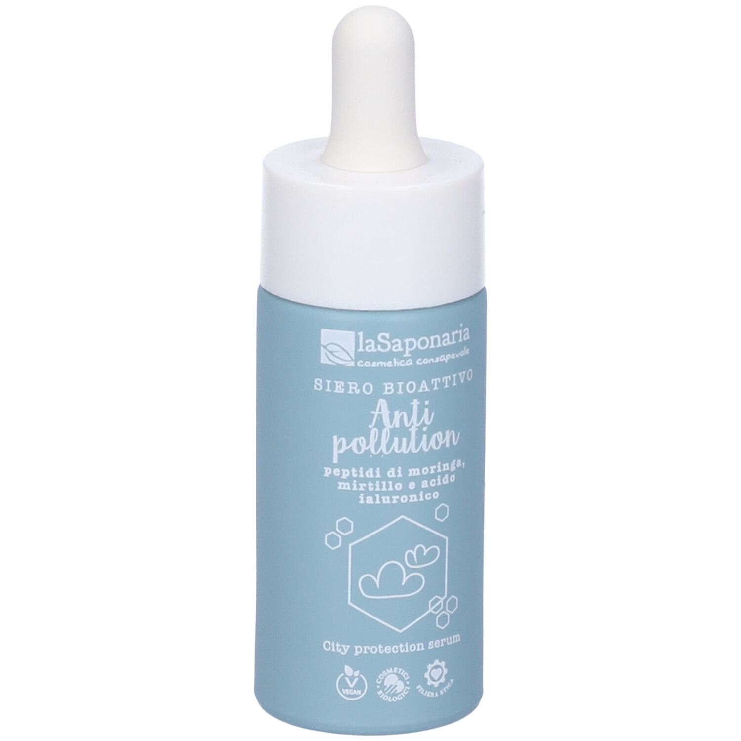 Flacone di siero azzurro chiaro con tappo e pipetta bianchi. Scritta: Siero Bioattivo Anti pollution.