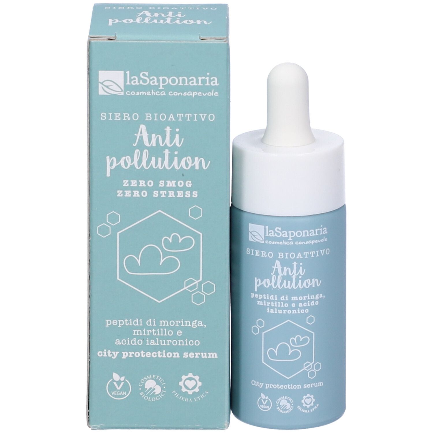 Scatola e flacone azzurro chiaro. Scritta: Siero Bioattivo Anti pollution. Con pipetta.