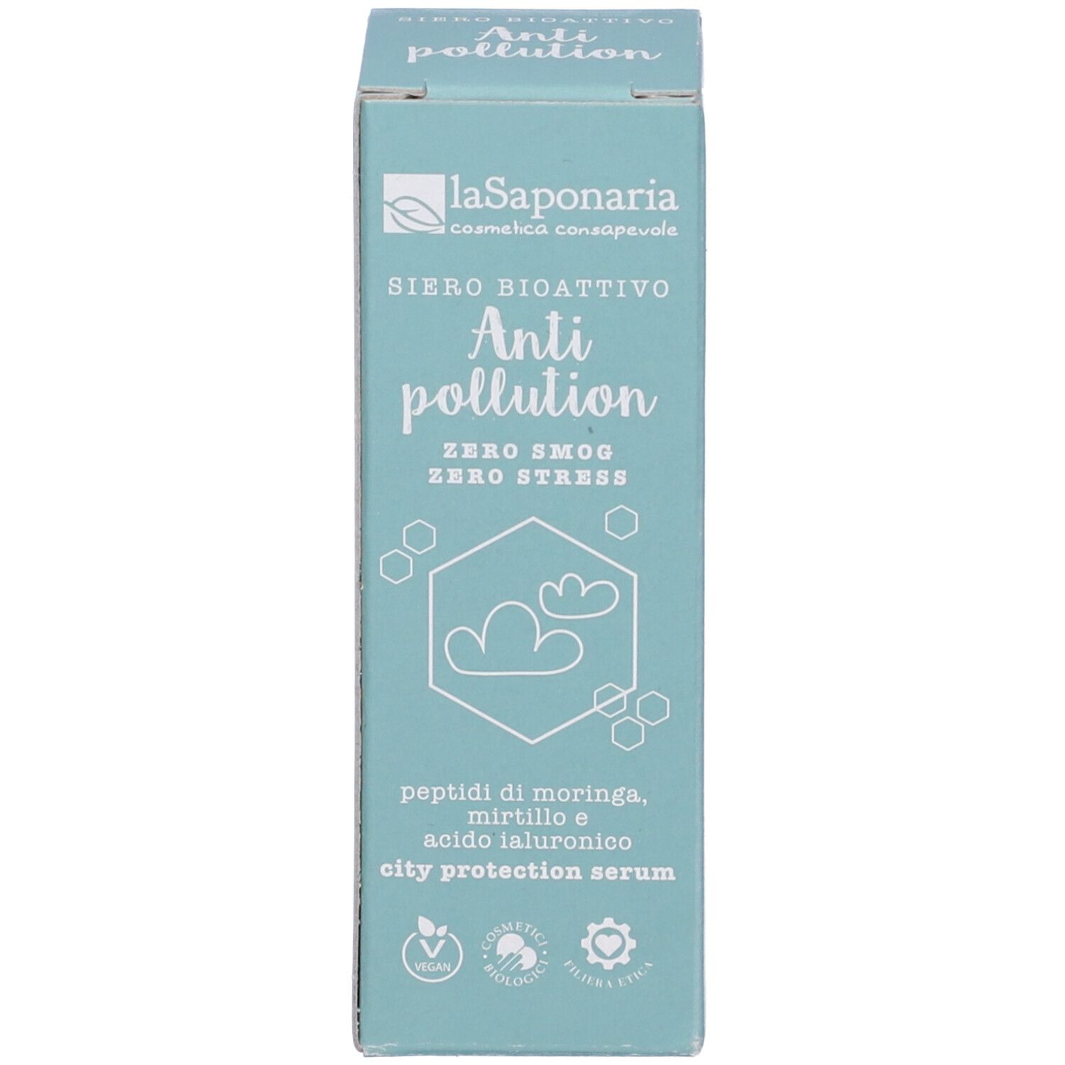 Scatola azzurro chiaro. Scritta: Siero Bioattivo Anti pollution. Con pipetta.