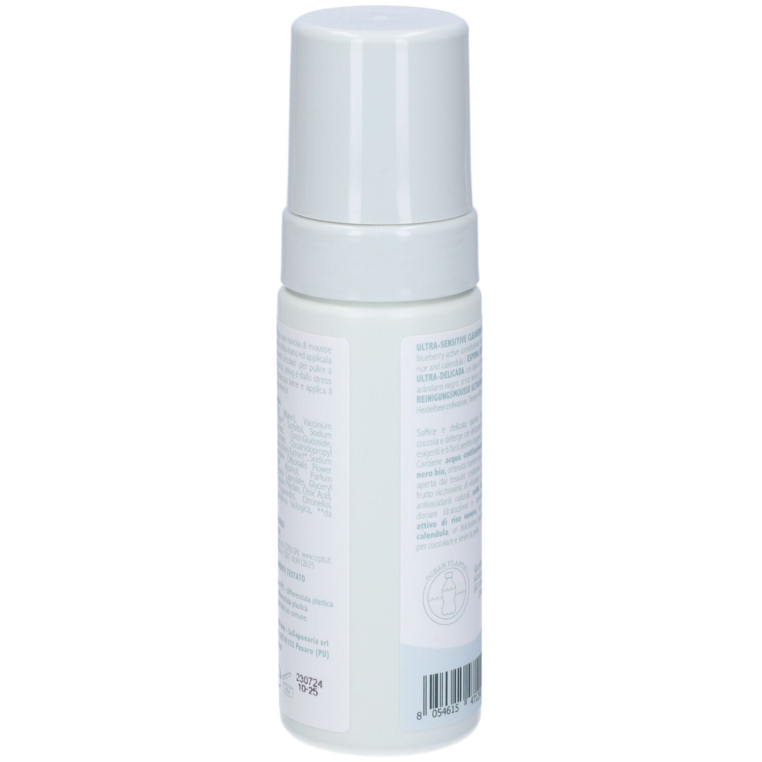 Flacone bianco con testo su sfondo blu. Informazioni sul prodotto e ingredienti. Codice a barre e logo.
