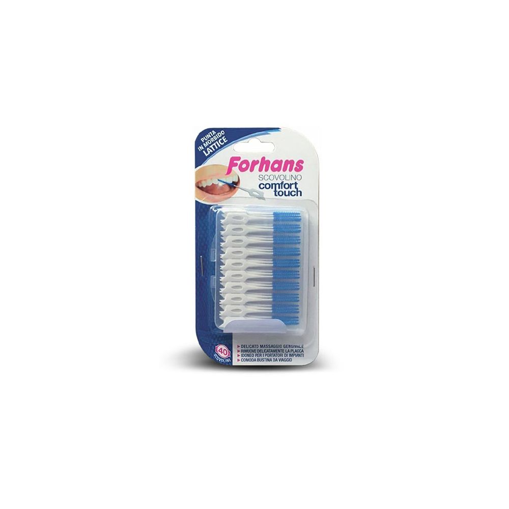 Scovolini interdentali in blister. Setole blu, manico bianco. Marchio Forhans, Comfort Touch.