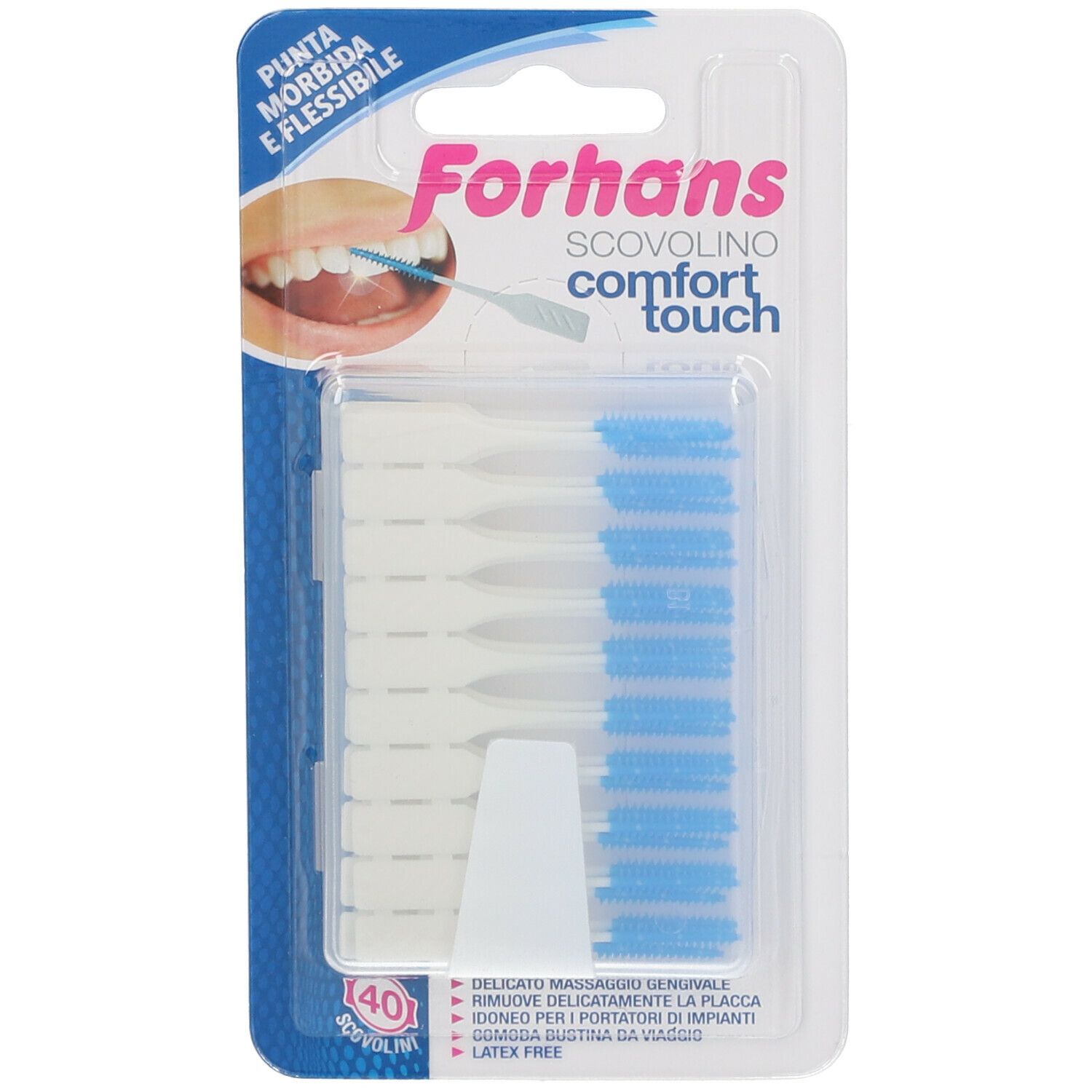 Confezione di scovolini interdentali. Setole blu, manico bianco. Marchio Forhans, Comfort Touch.