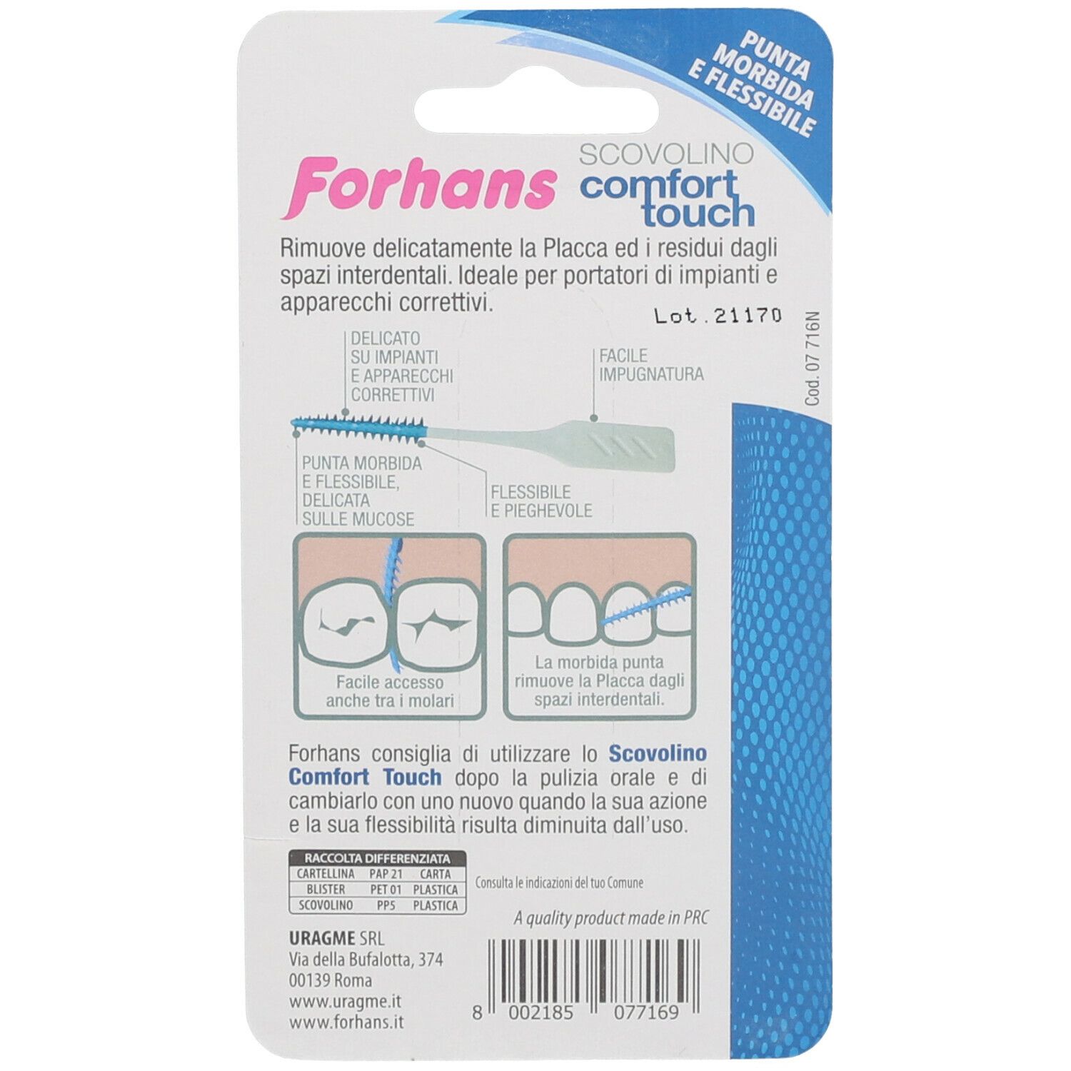 Retro della confezione con informazioni sul prodotto. Marchio Forhans, Comfort Touch. Illustrazioni e testo.