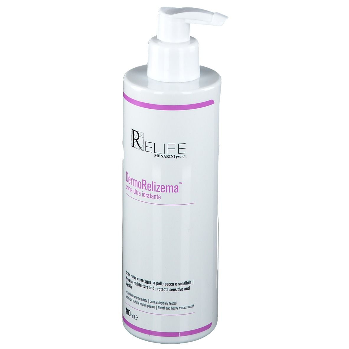 Dispenser bianco con dettagli rosa. Scritta: RELIFE, DermoRelizema, crema ultra idratante. 400ml.