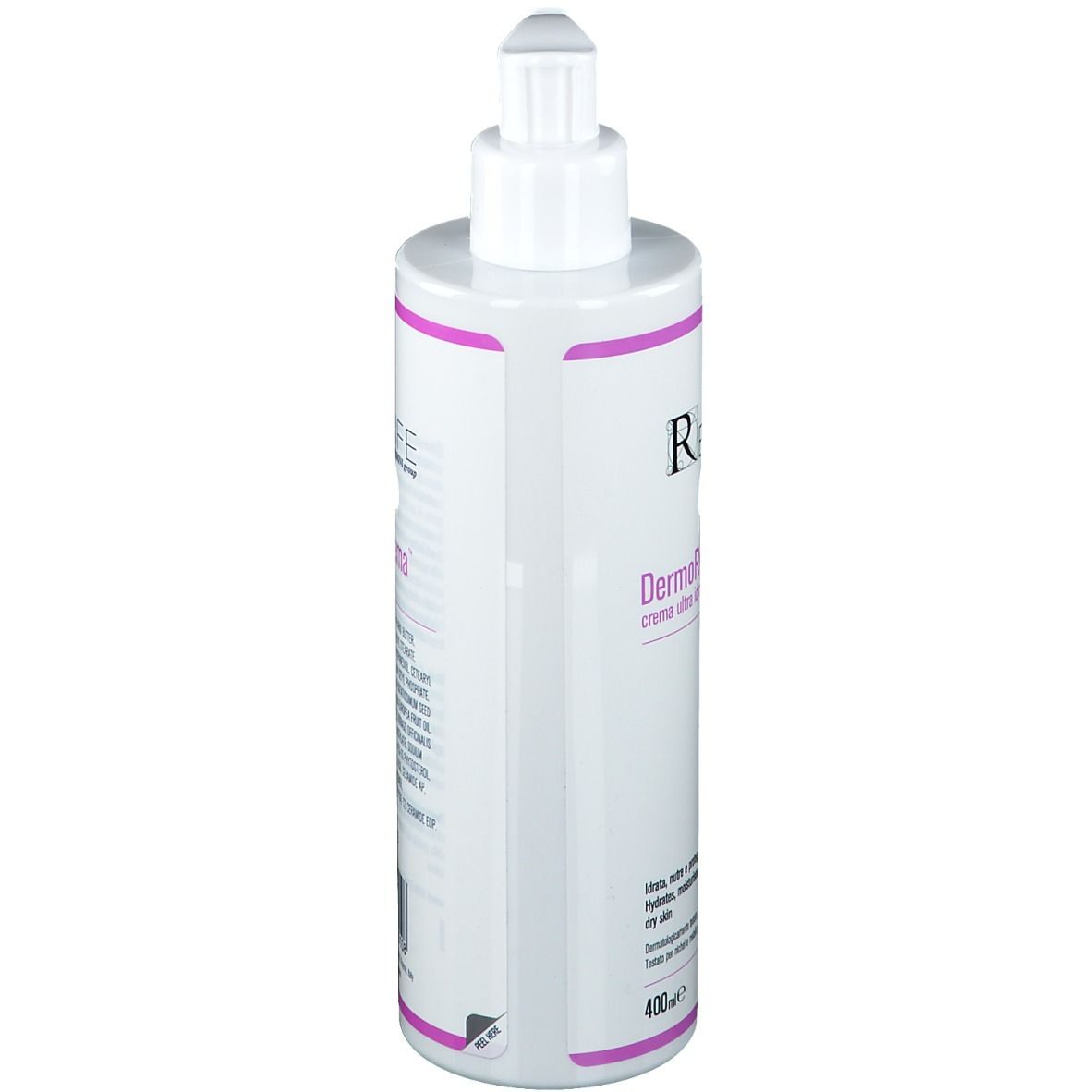 Dispenser bianco con dettagli rosa. Scritta: RELIFE, DermoRelizema. Retro con testo e 400ml.