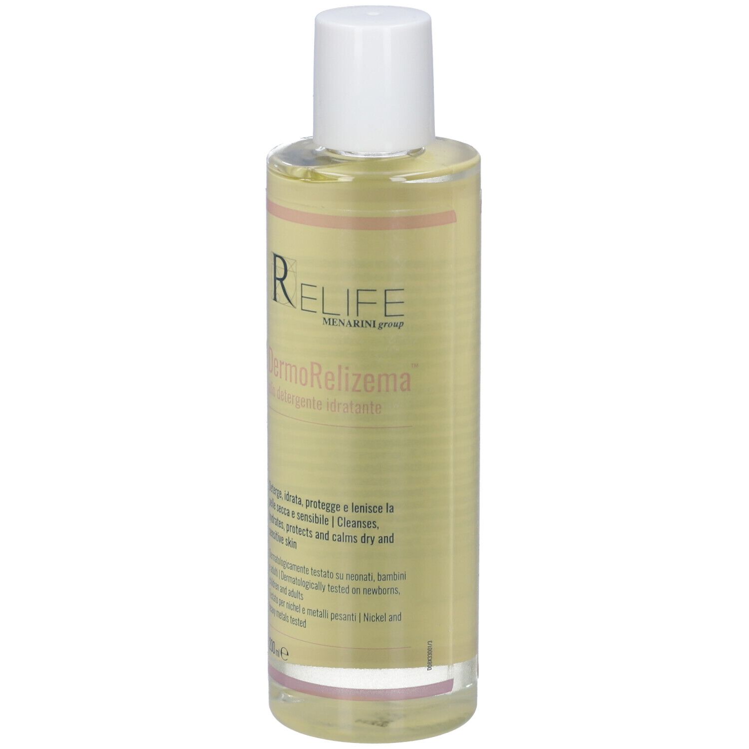 Relife DermoRelizema Reinigungsöl in einer transparenten Flasche mit weißem Verschluss.