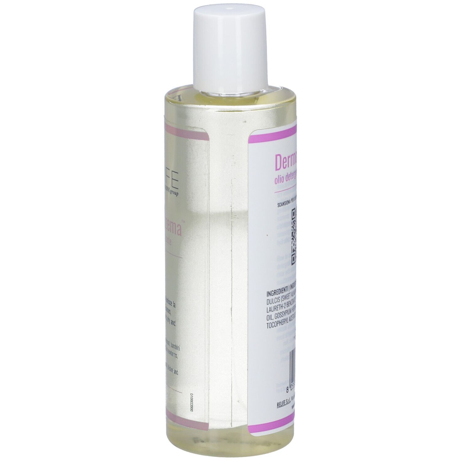 Klare Flüssigkeit in transparenter Flasche mit weißem Verschluss. Etikett mit rosa und lila Akzenten.