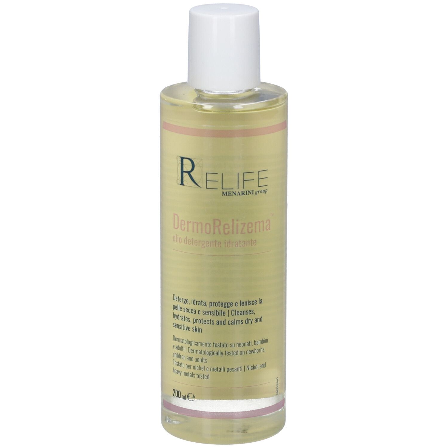 Relife DermoRelizema Reiniger in einer transparenten Flasche mit weißem Verschluss. 200ml.