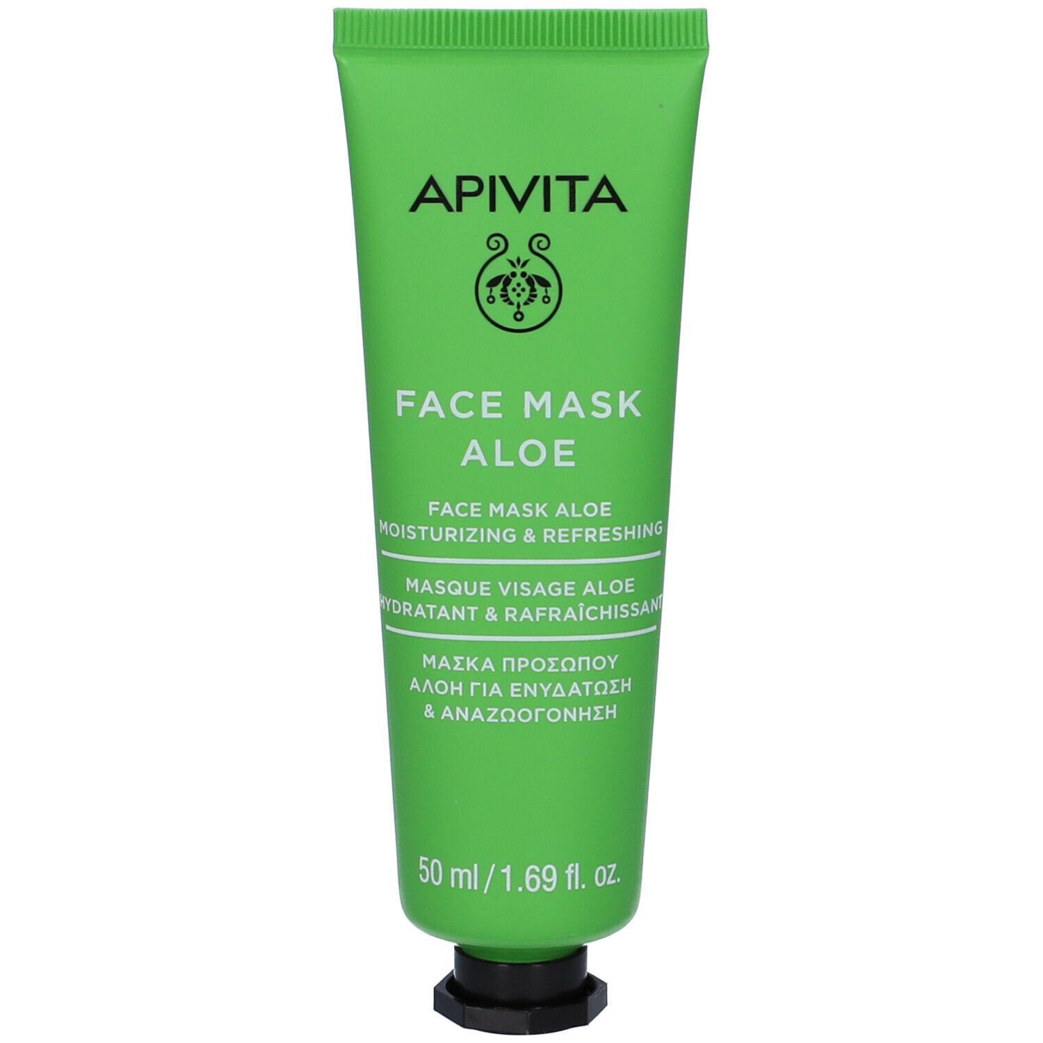 Tubo verde con scritta APIVITA, FACE MASK ALOE. Contiene 50 ml. Tappo nero.