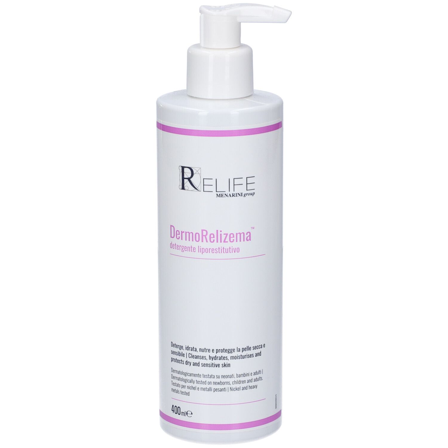 Flasche mit 400ml DermoRelizema reinigendem, liporestituierendem Mittel.