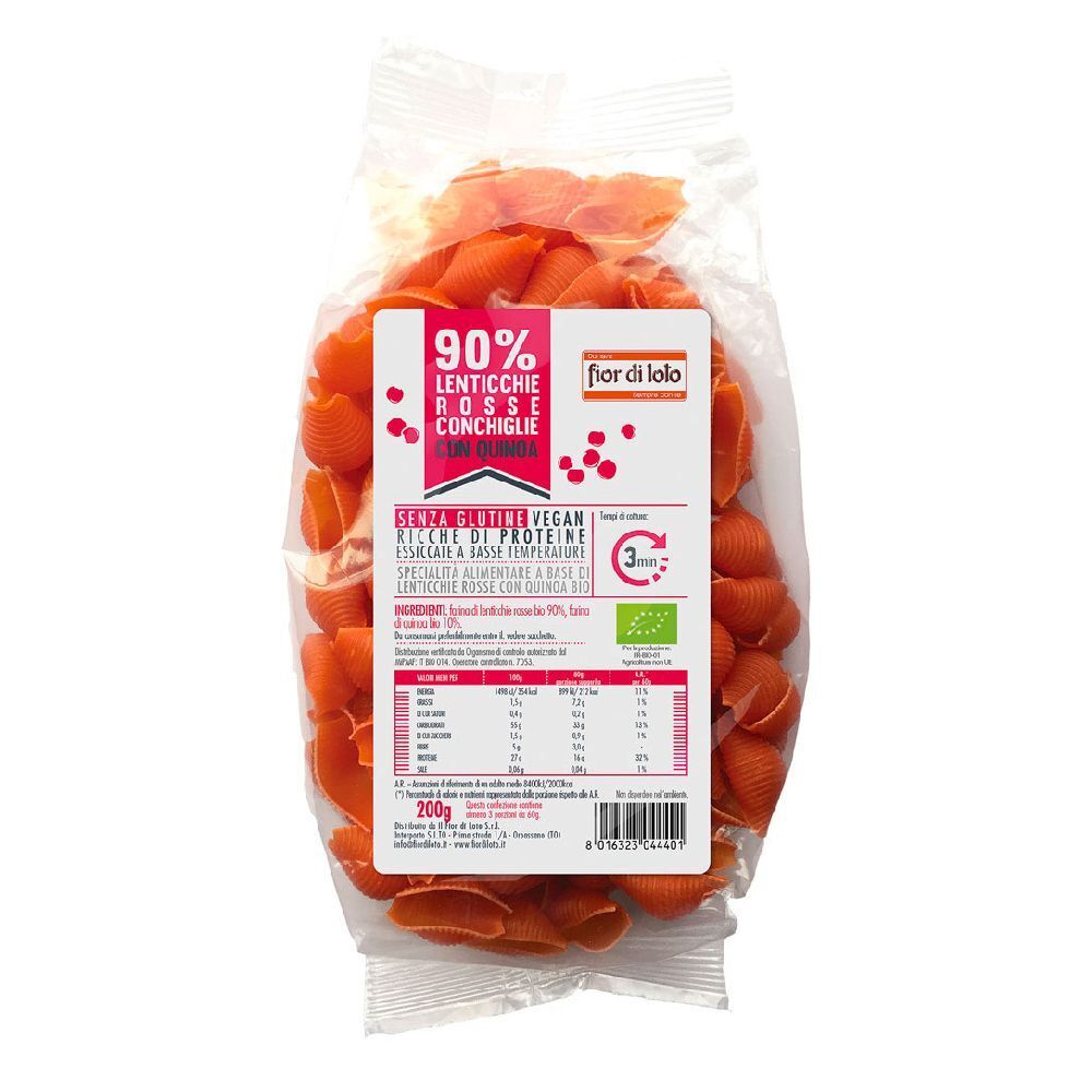 Confezione di pasta Conchiglie di lenticchie rosse. Scritte: 90%, senza glutine, vegano, ricco di proteine. Marchio: fior di lolo. 200g.