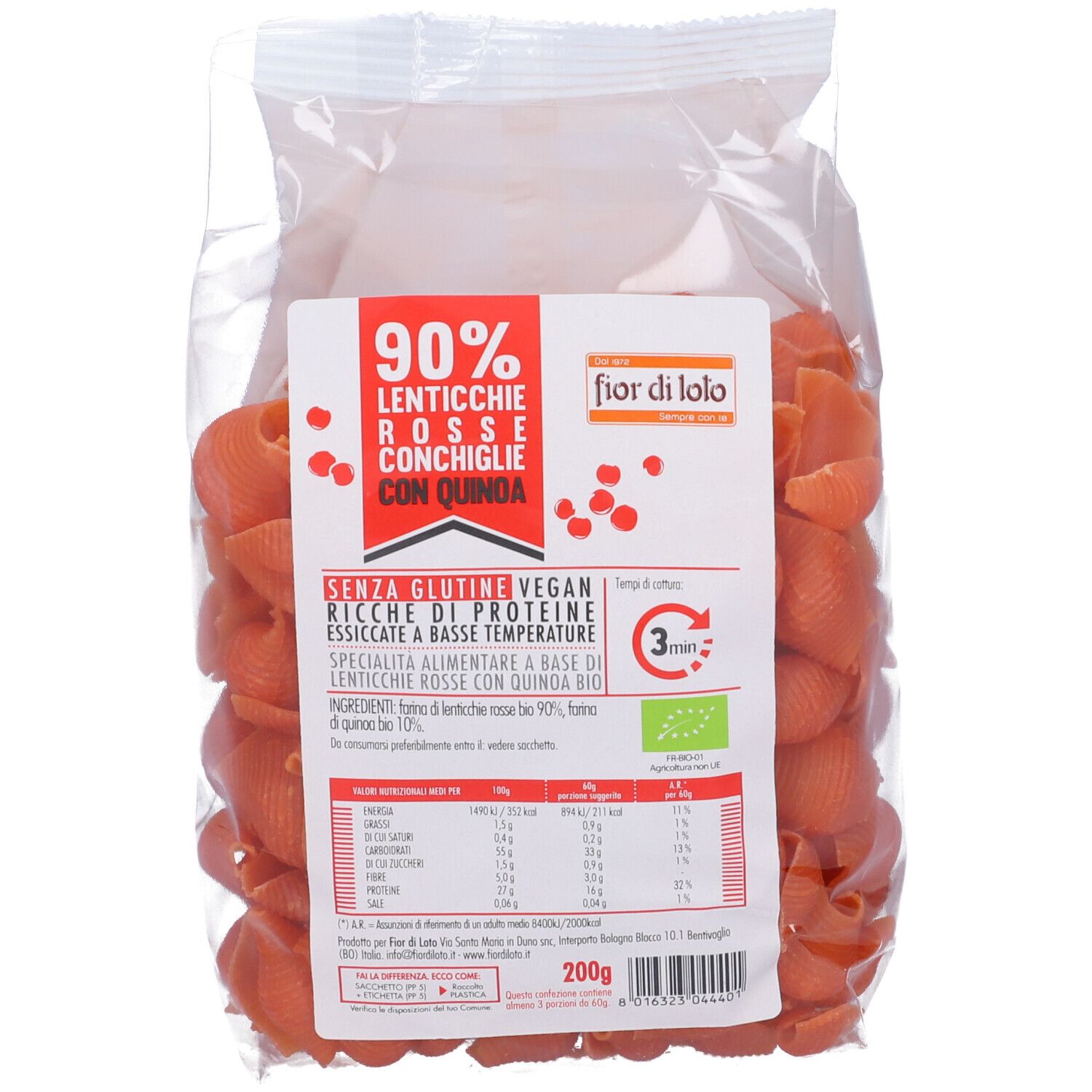 Confezione di pasta Conchiglie di lenticchie rosse e quinoa. Scritte: 90%, senza glutine, vegano, ricco di proteine. Marchio: fior di lolo. 200g.