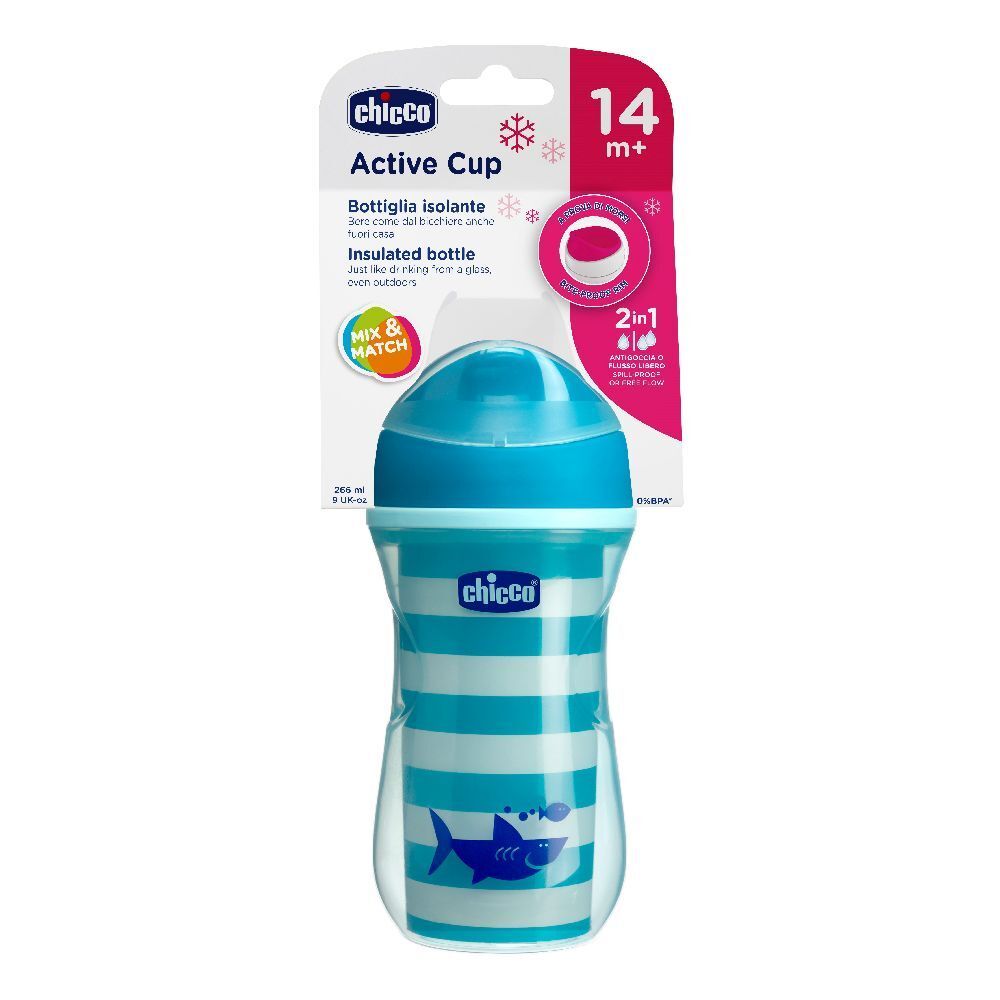 Bicchiere a righe blu e bianche con coperchio blu. Stampa: squalo, marchio Chicco, Active Cup, 14m+.
