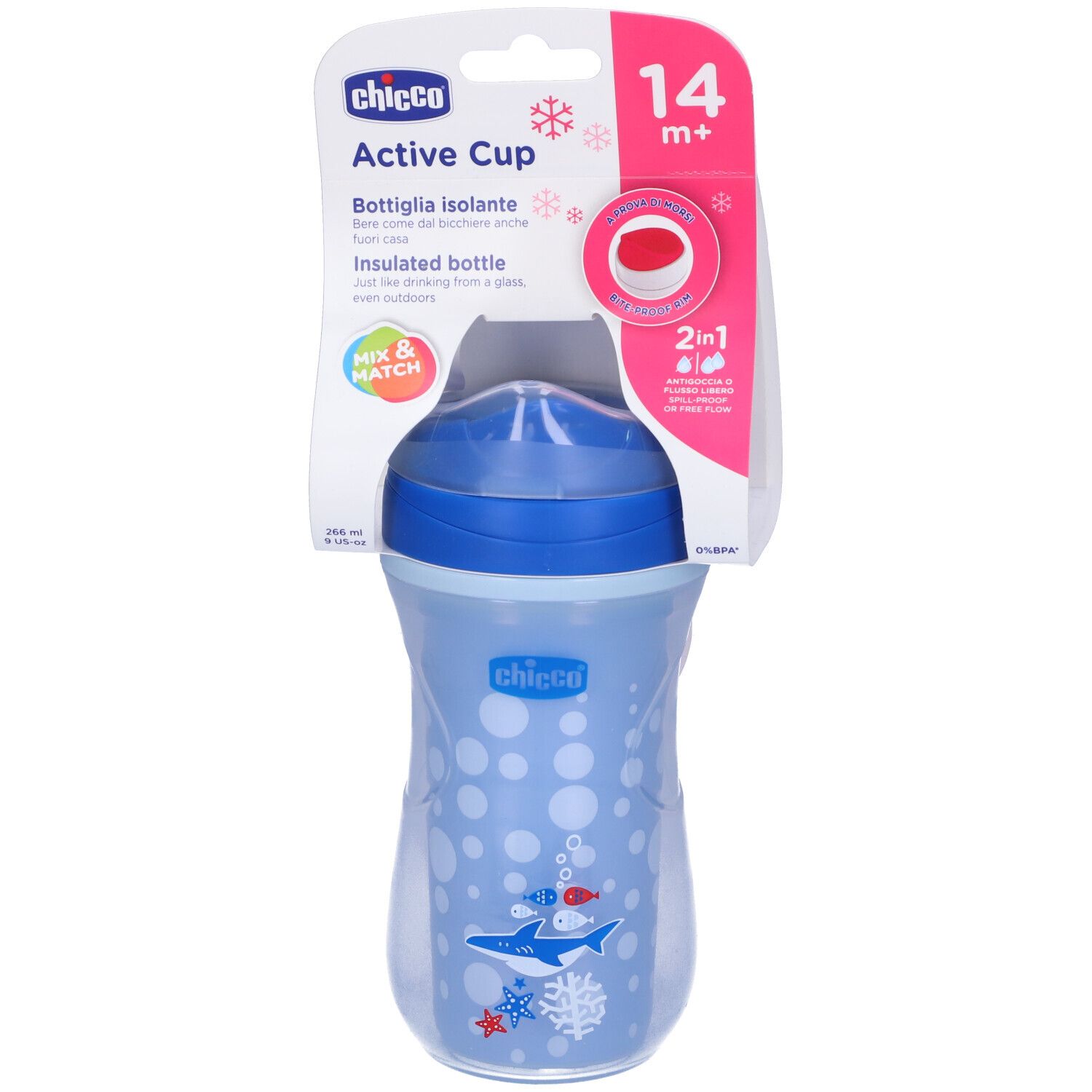 Bicchiere blu con pois bianchi e coperchio blu. Stampa: pesci, marchio Chicco, Active Cup, 14m+.