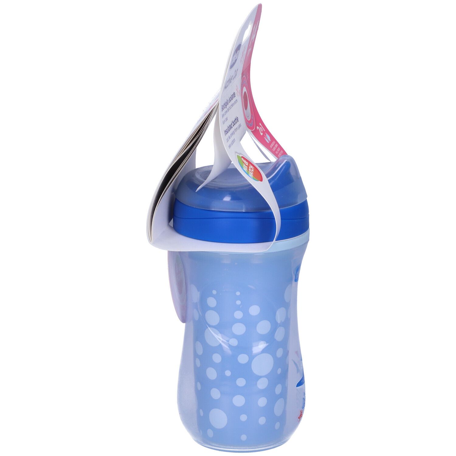 Bicchiere blu con pois bianchi e coperchio blu. Stampa: pesci, marchio Chicco, Active Cup, 14m+.